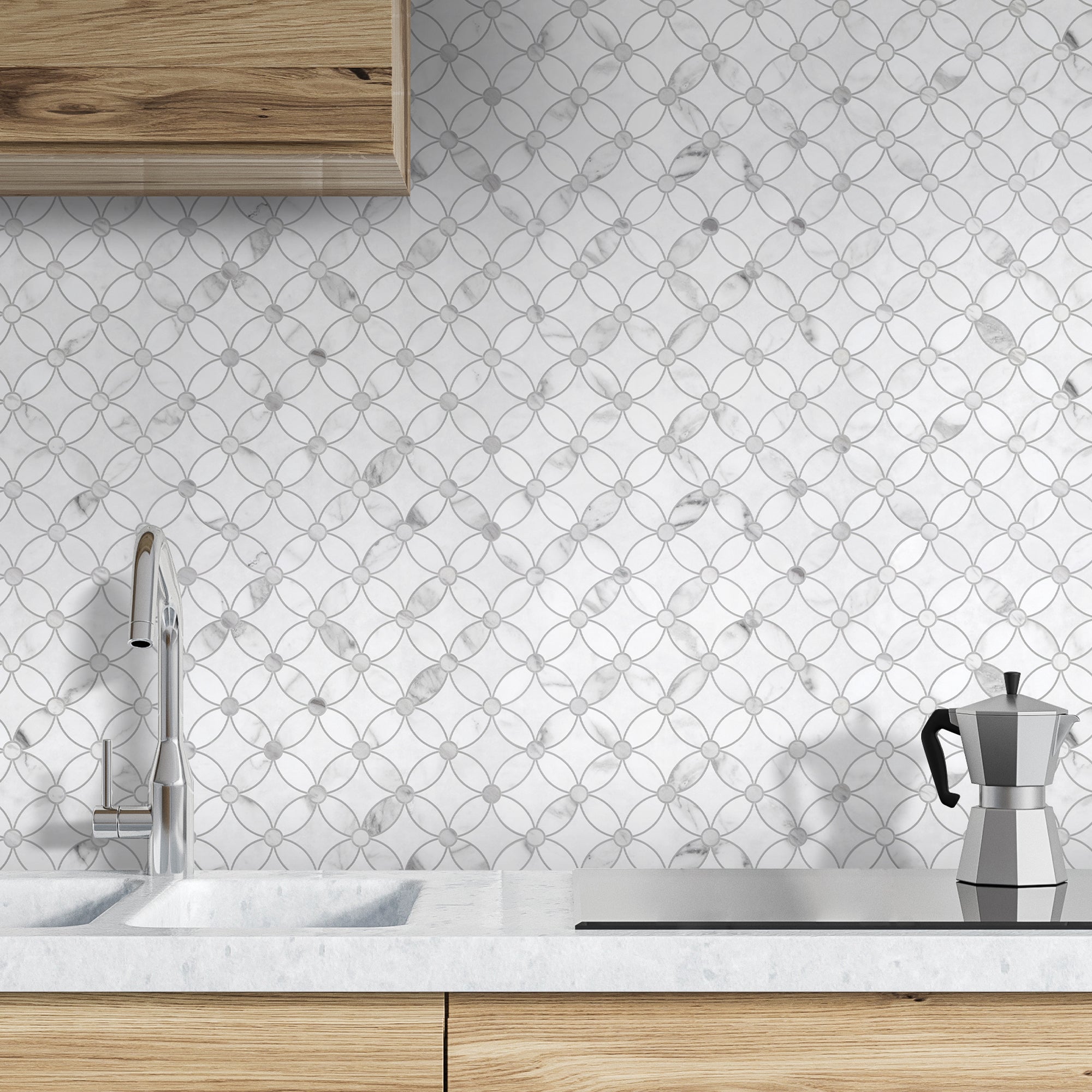 Carrara White Coin Waterjet Peel and Stick Backsplash Tile