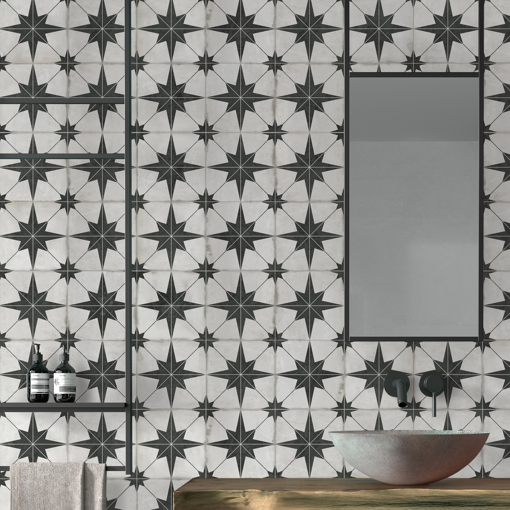 Encaustic Patterned Beige Star Peel and Stick Backsplash Tile