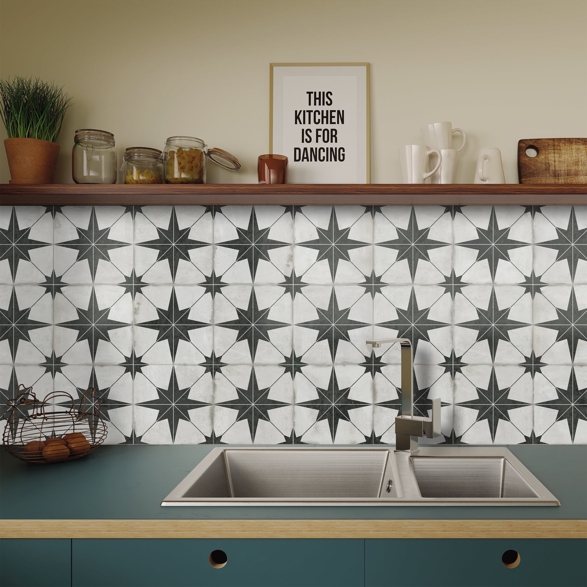 Encaustic Patterned Beige Star Peel and Stick Backsplash Tile