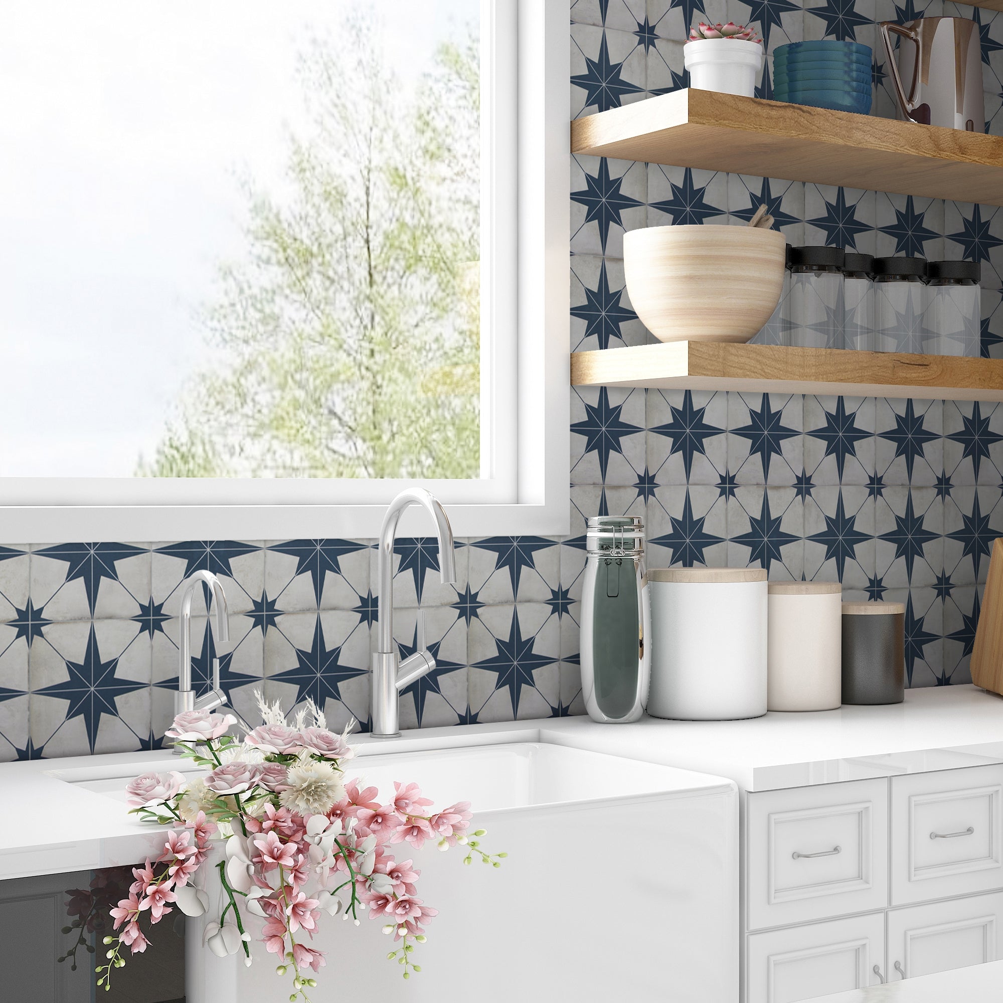 Encaustic Patterned Blue Star Peel and Stick Backsplash Tile