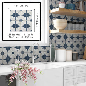 Encaustic Patterned Blue Star Peel and Stick Backsplash Tile