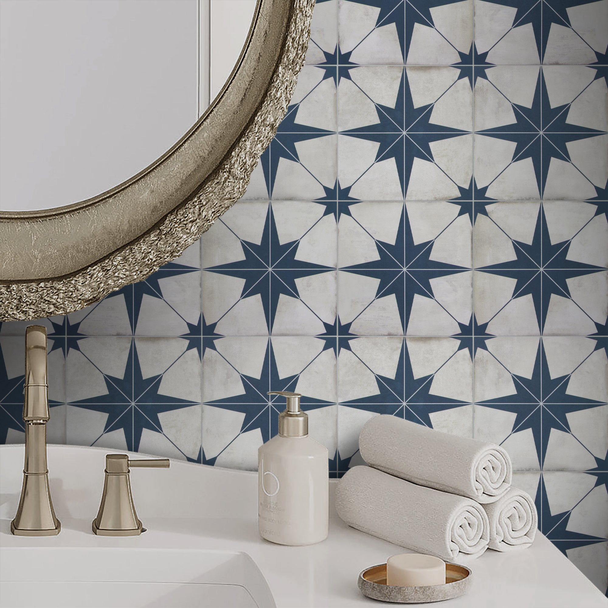 Encaustic Patterned Blue Star Peel and Stick Backsplash Tile