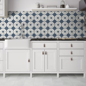 Encaustic Patterned Blue Star Peel and Stick Backsplash Tile