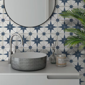Encaustic Patterned Blue Star Peel and Stick Backsplash Tile