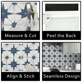 Encaustic Patterned Blue Star Peel and Stick Backsplash Tile
