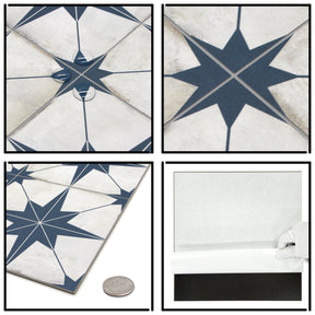 Encaustic Patterned Blue Star Peel and Stick Backsplash Tile