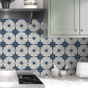Encaustic Patterned Blue Star Peel and Stick Backsplash Tile