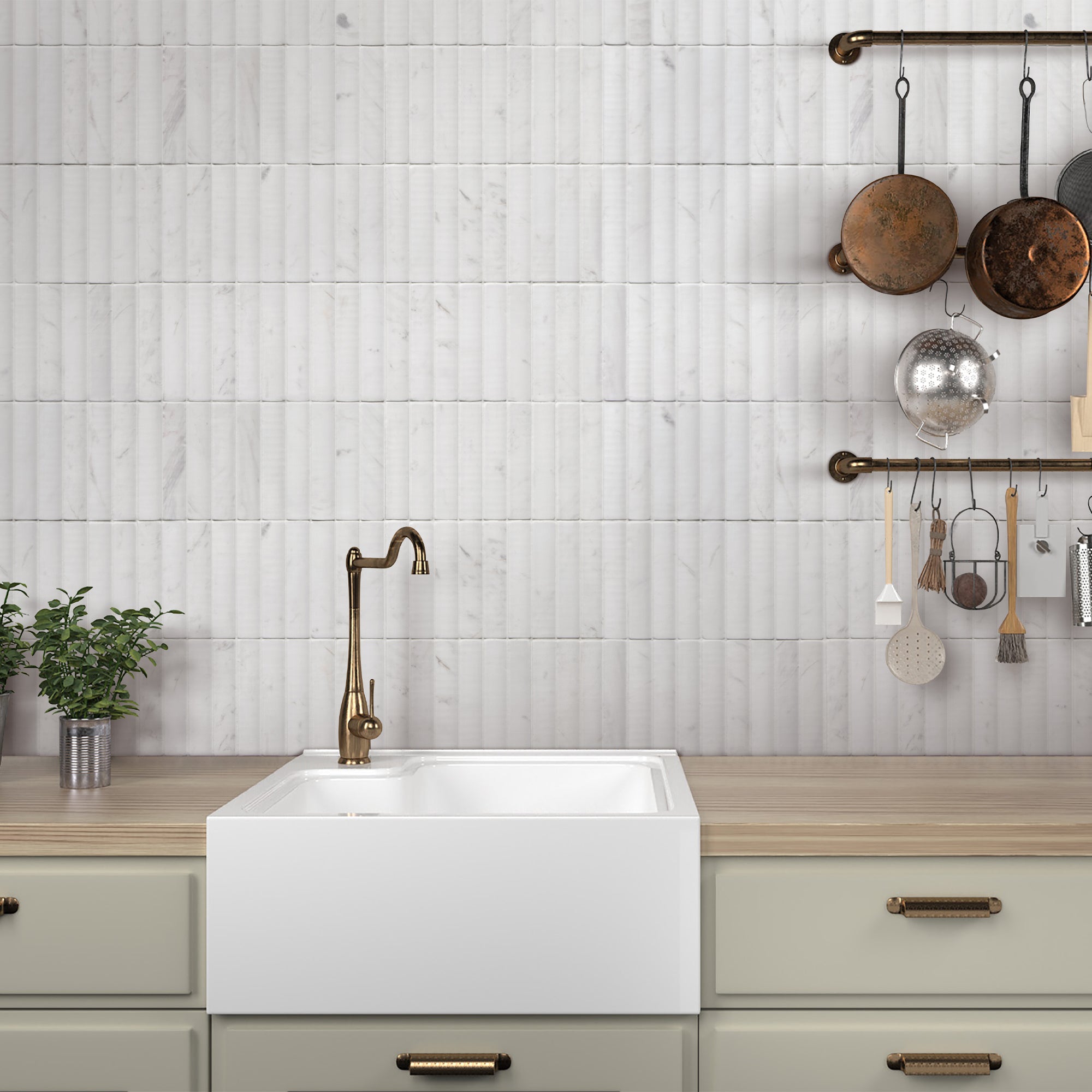 Stacked White Calacatta Fluted Natural Marble Wall Mosaic Tile