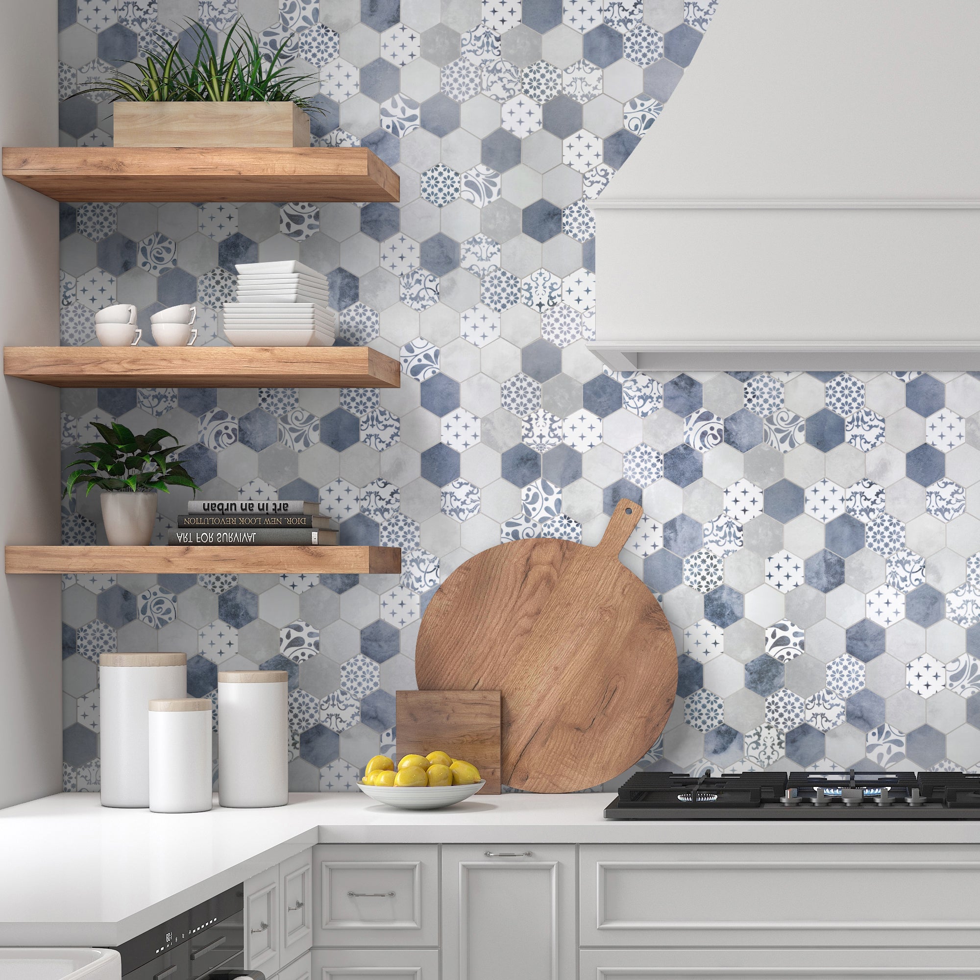 2" Hexagon Blue Peel and Stick Backsplash Tile