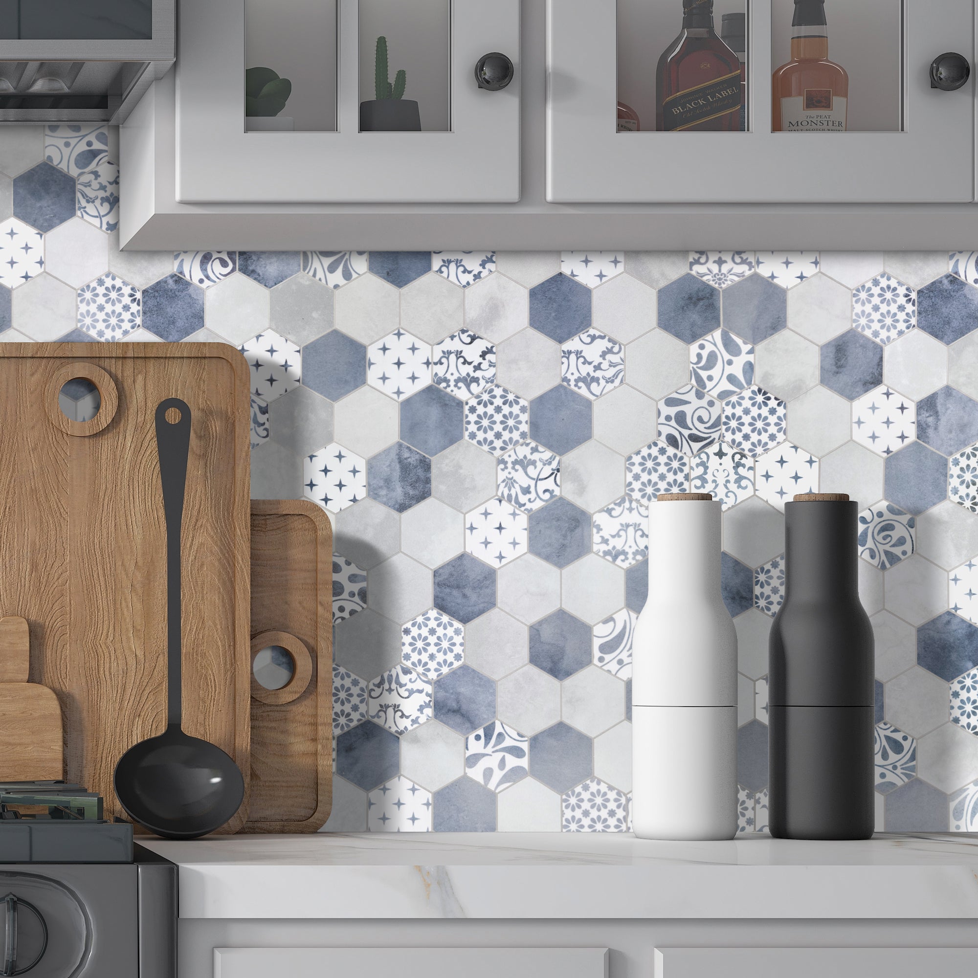 2" Hexagon Blue Peel and Stick Backsplash Tile