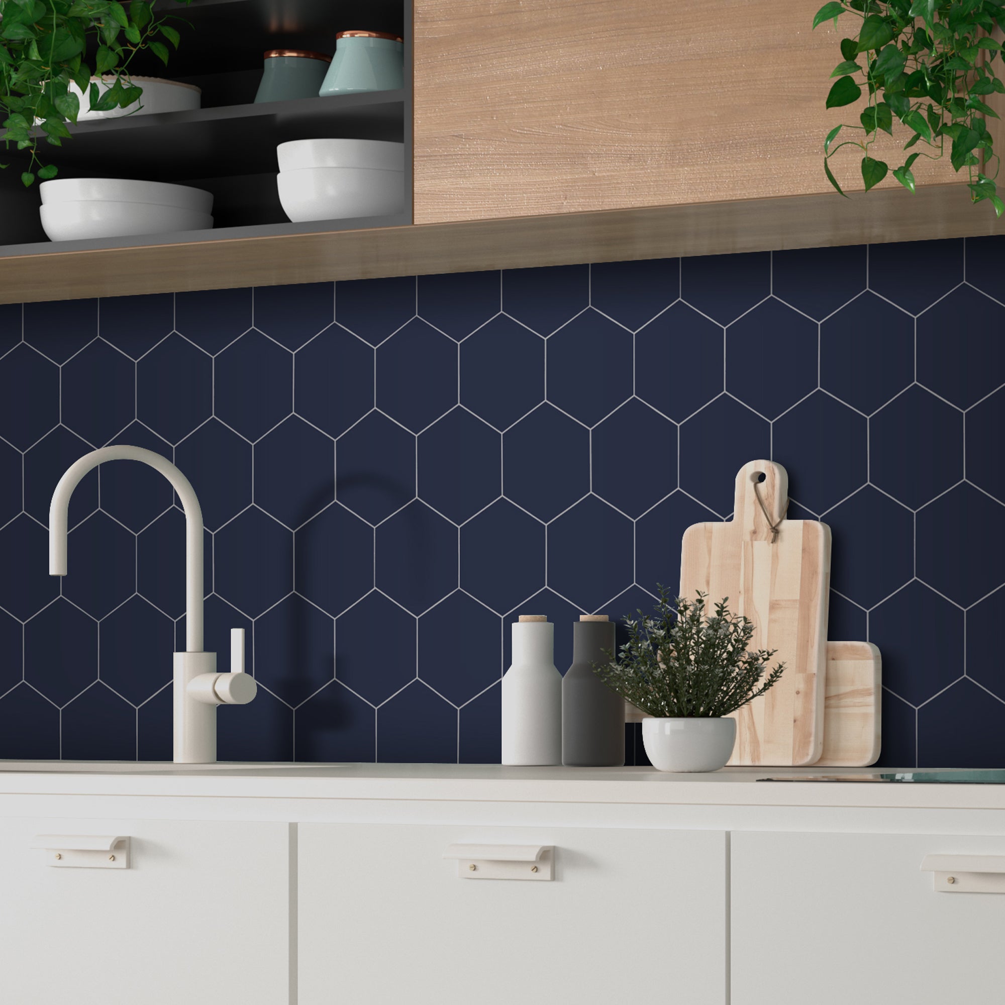 Big Hexagon Navy Blue Peel and Stick Backsplash Tile