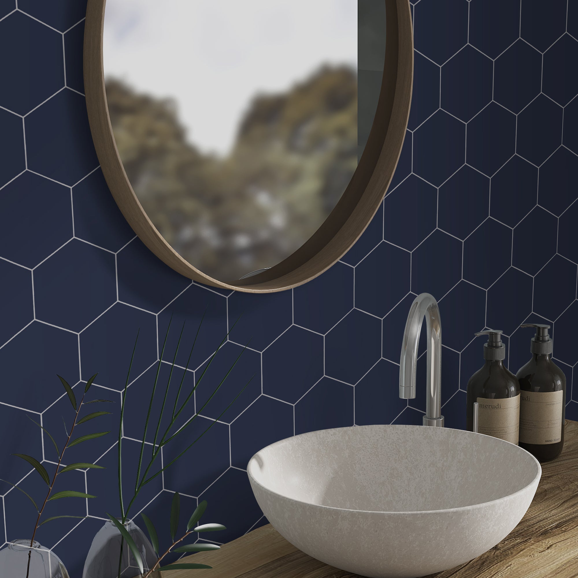 Big Hexagon Navy Blue Peel and Stick Backsplash Tile