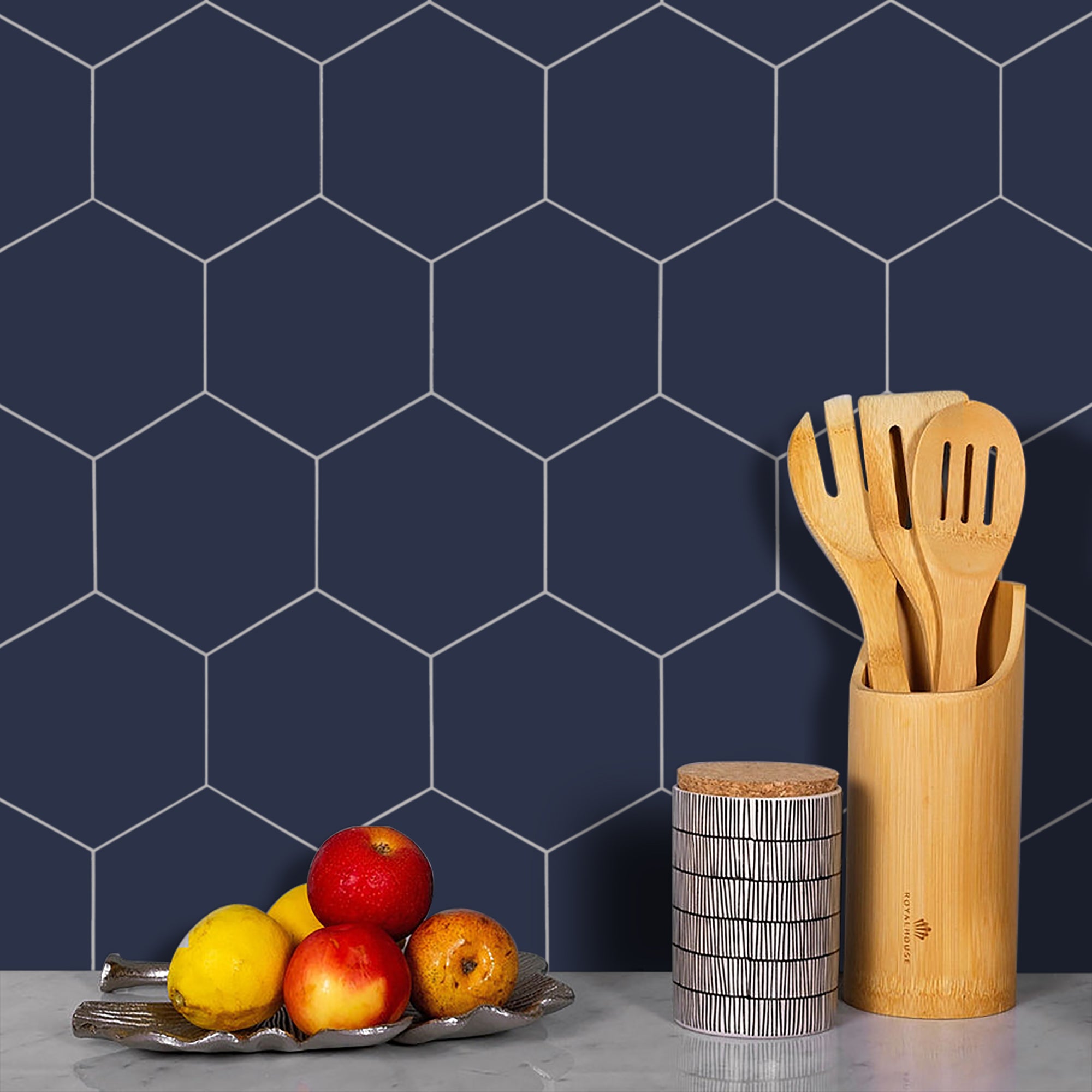 Big Hexagon Navy Blue Peel and Stick Backsplash Tile