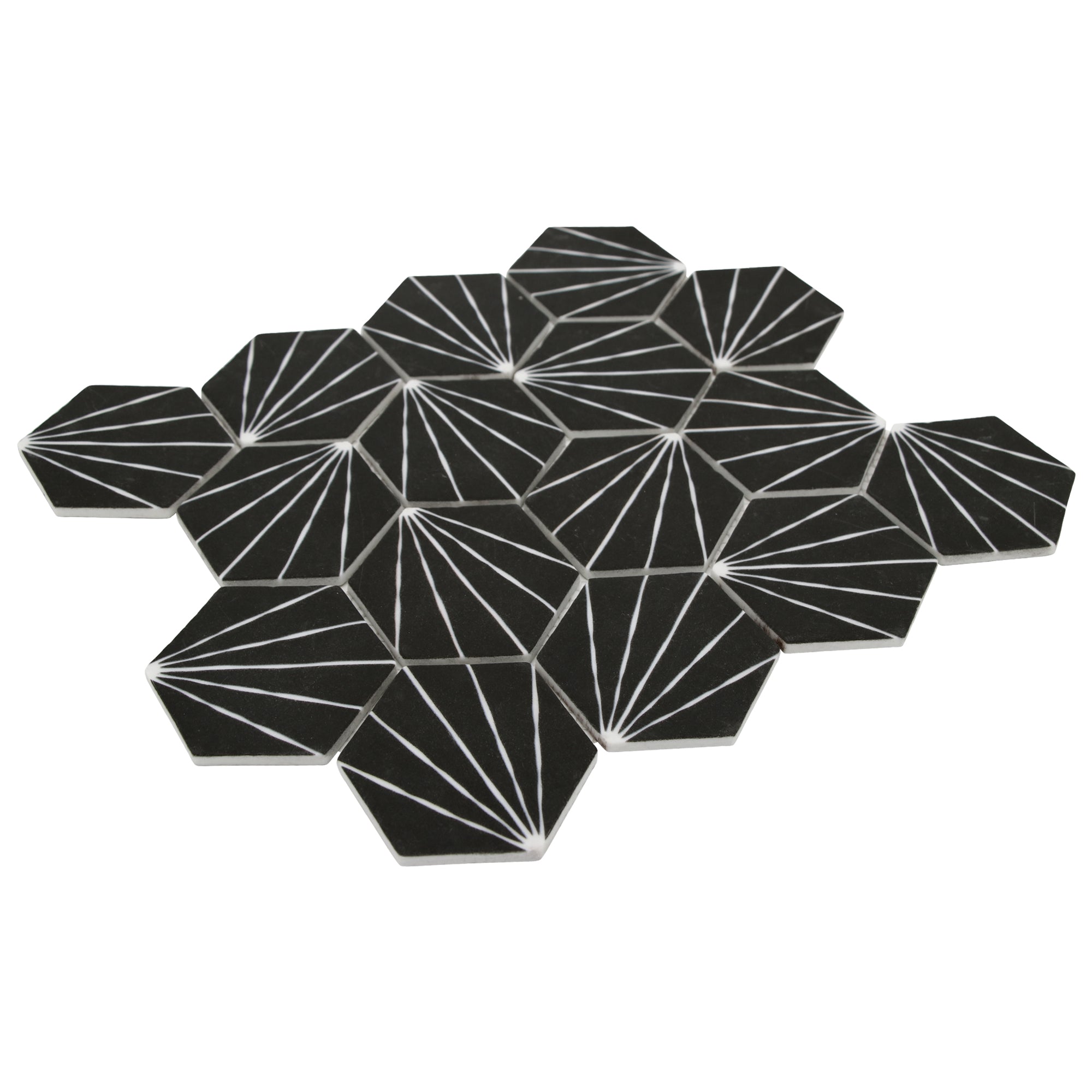Art Deco Hexagon Black Recycled Glass Floor and Wall Mosaic Tile