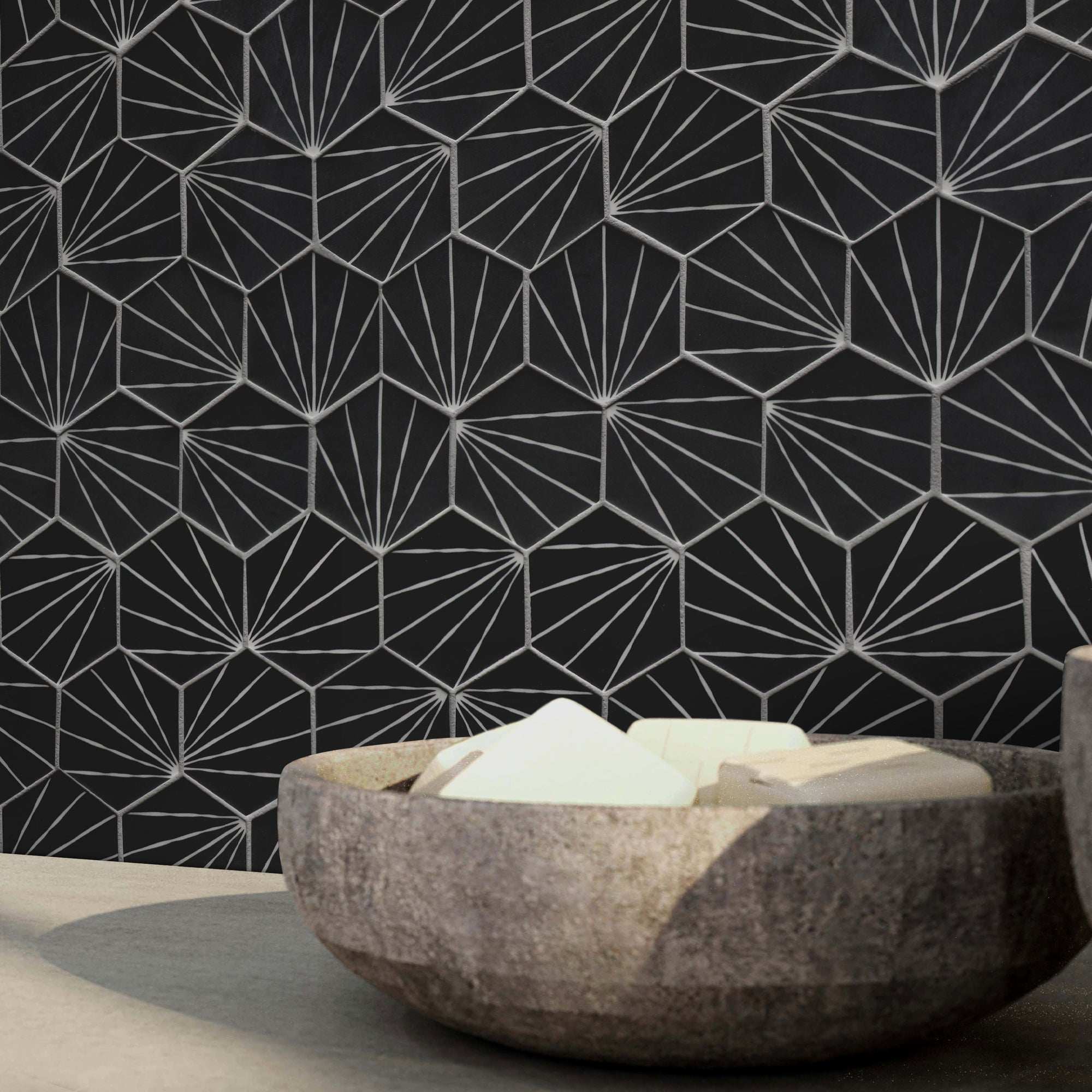 Art Deco Hexagon Black Recycled Glass Floor and Wall Mosaic Tile