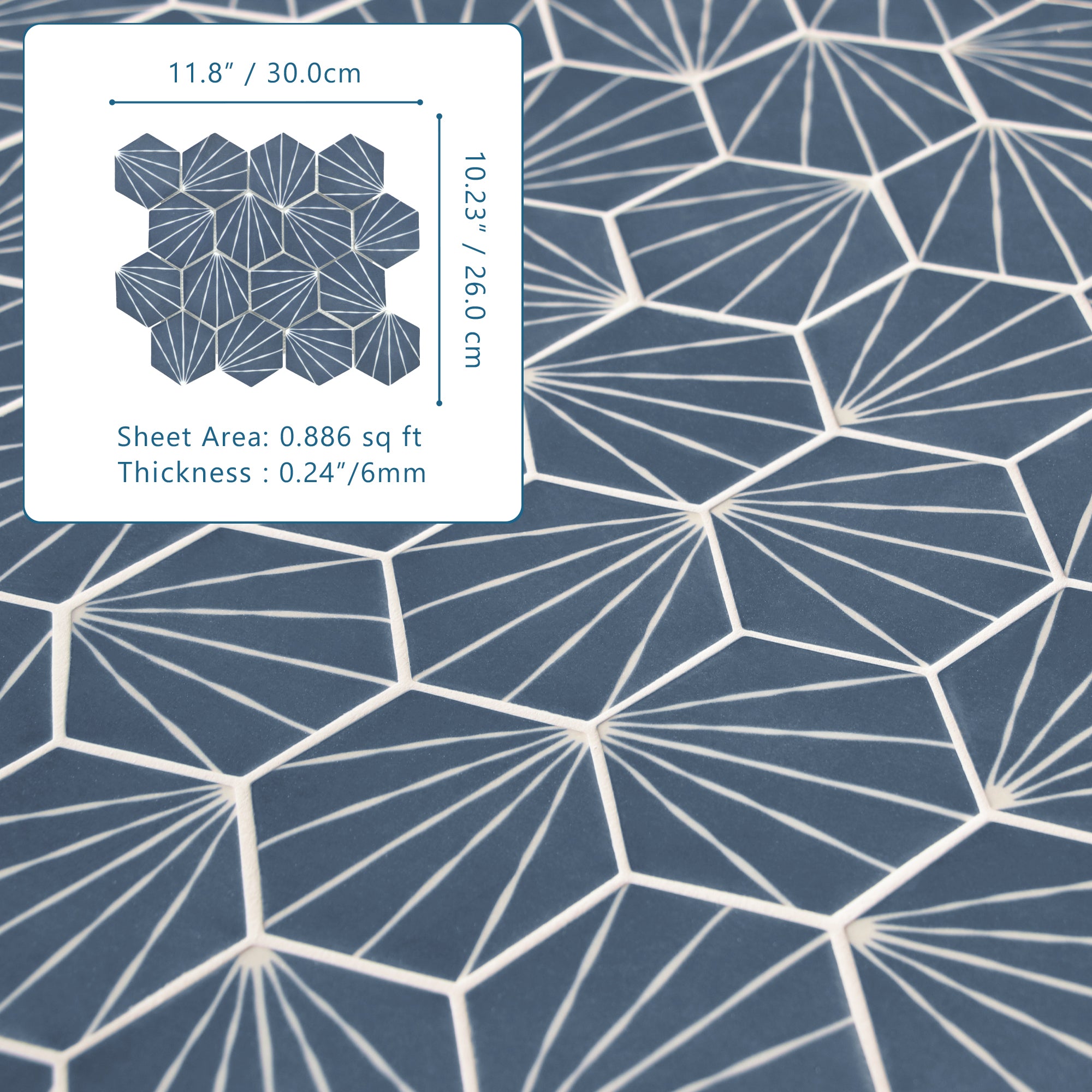 Art Deco Hexagon Navy Blue Recycled Glass Floor and Wall Mosaic Tile