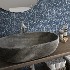 Art Deco Hexagon Navy Blue Recycled Glass Floor And Wall Mosaic Tile