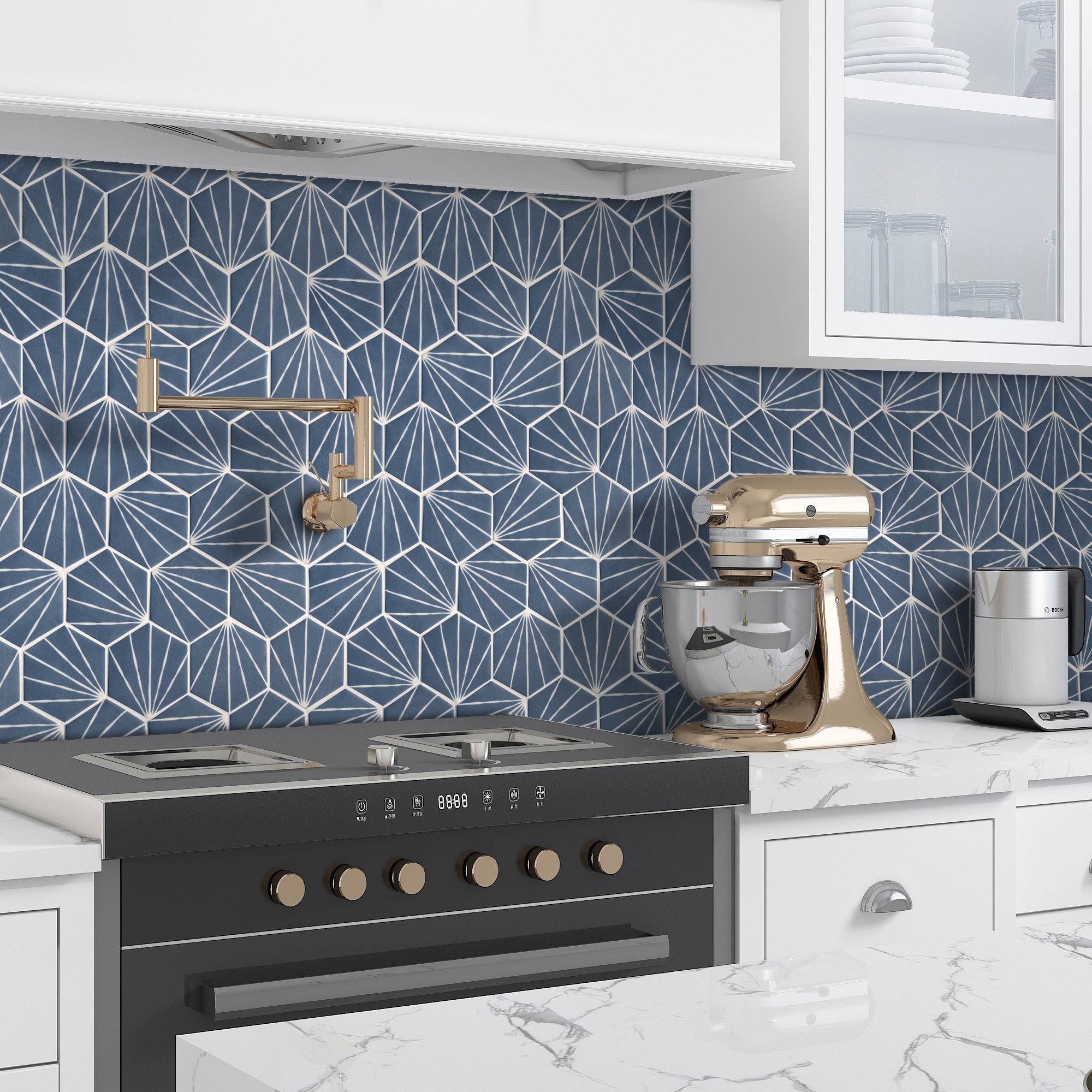 Art Deco Hexagon Navy Blue Recycled Glass Floor and Wall Mosaic Tile