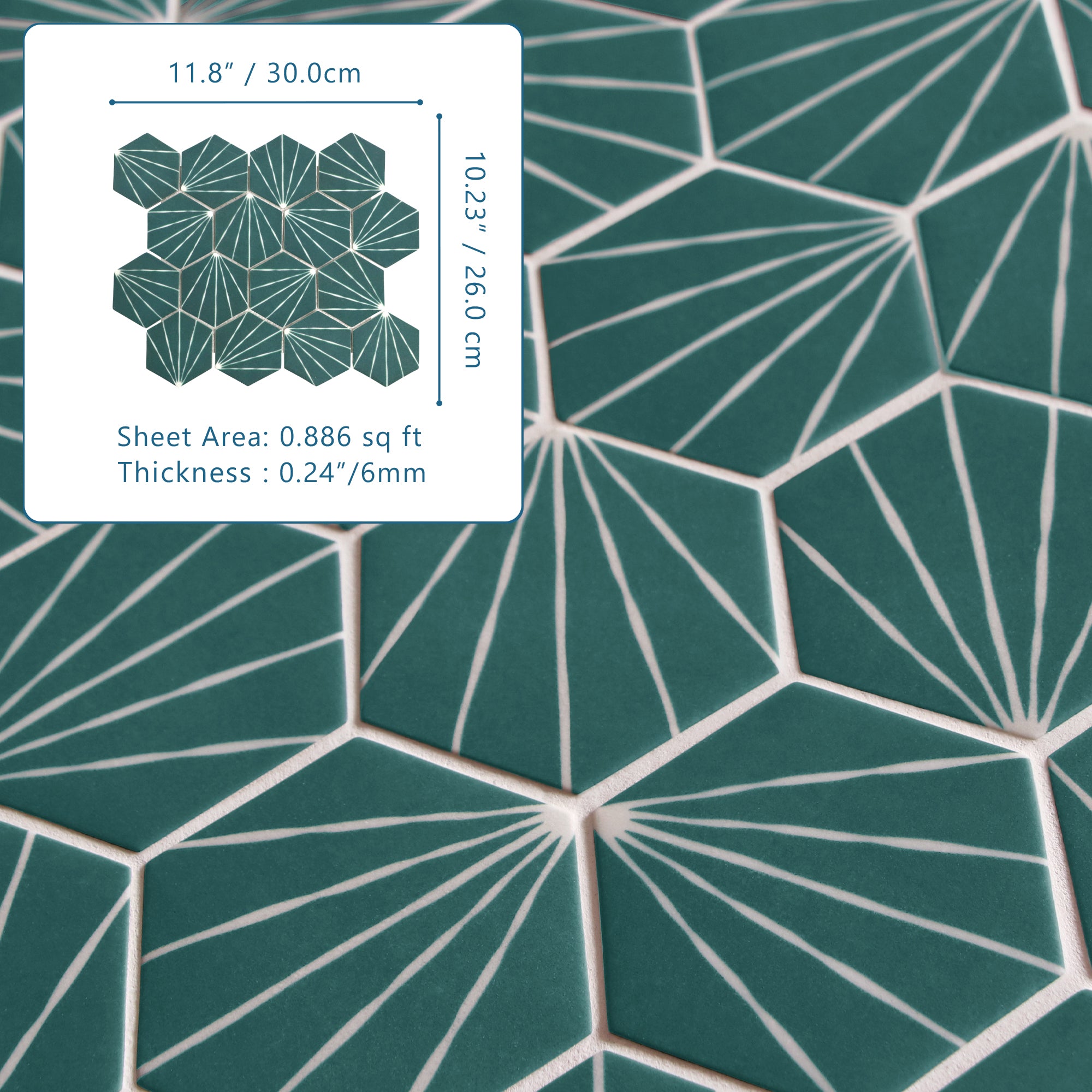 Art Deco Hexagon Green Recycled Glass Floor and Wall Mosaic Tile