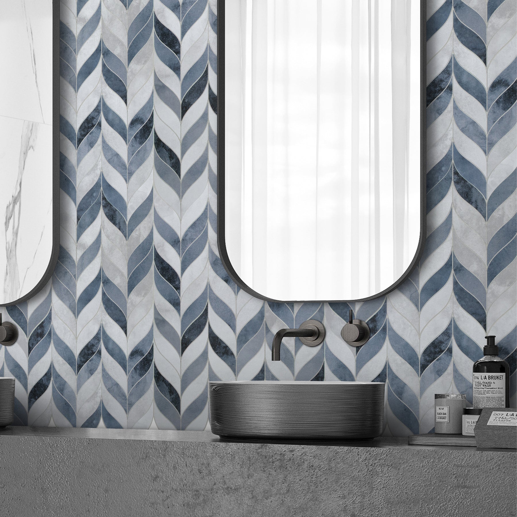 Waterjet Leaf Blue Cement Peel and Stick Tile