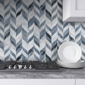 Waterjet Leaf Blue Cement Peel and Stick Tile