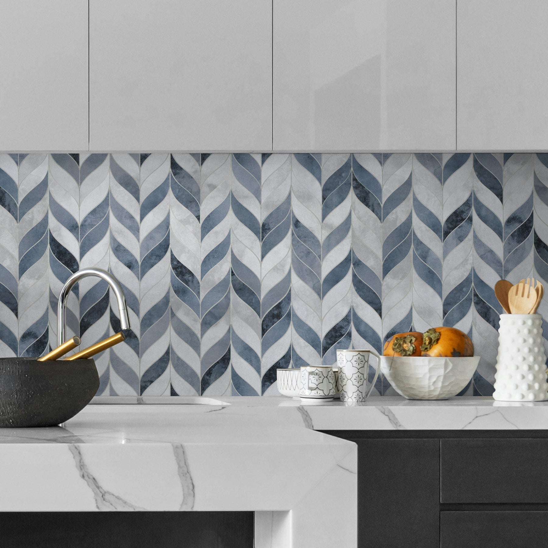 Waterjet Leaf Blue Cement Peel and Stick Tile