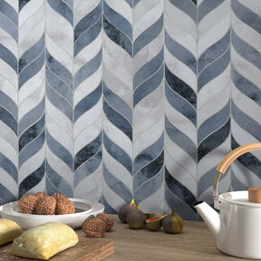 Waterjet Leaf Blue Cement Peel and Stick Tile