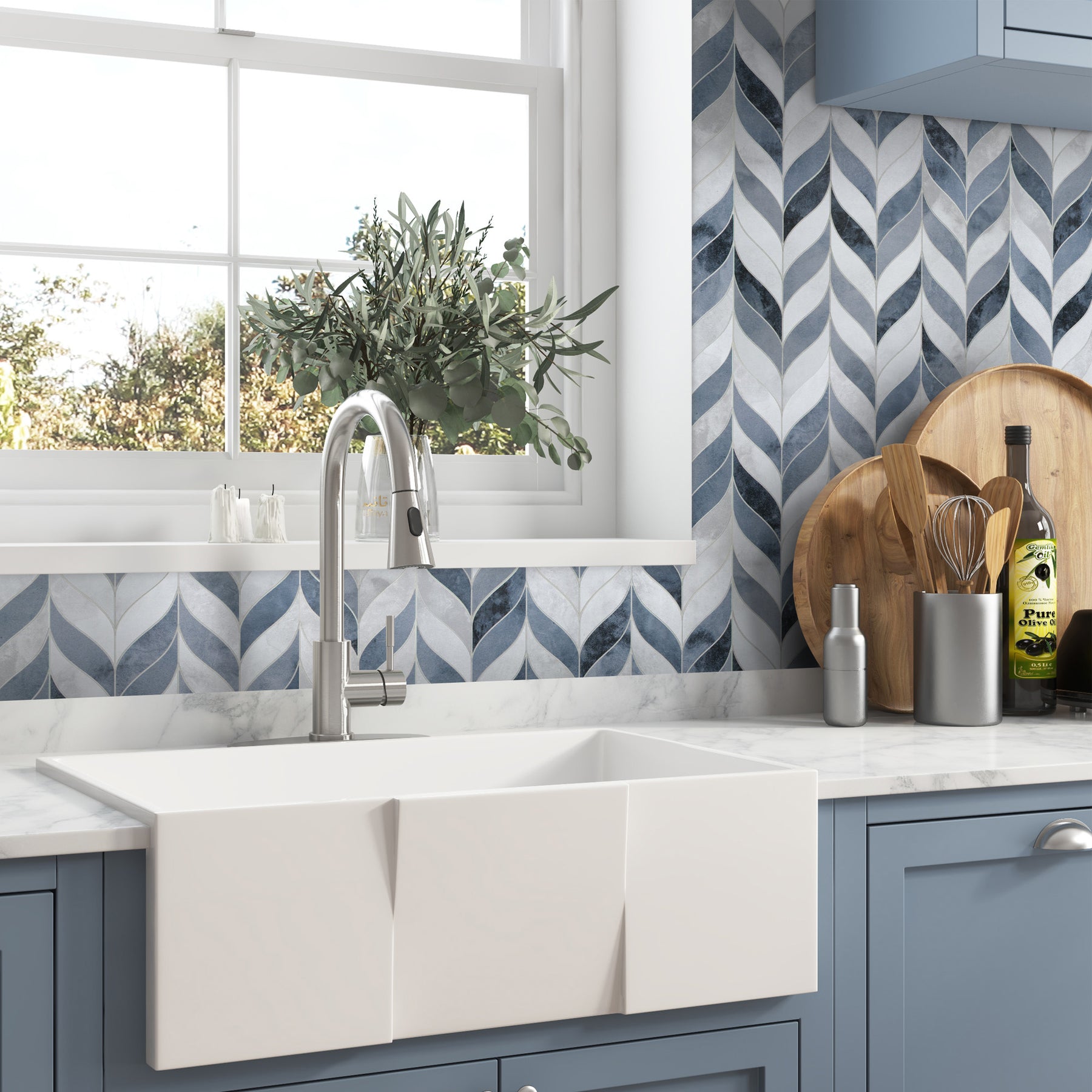 Waterjet Leaf Blue Cement Peel and Stick Tile