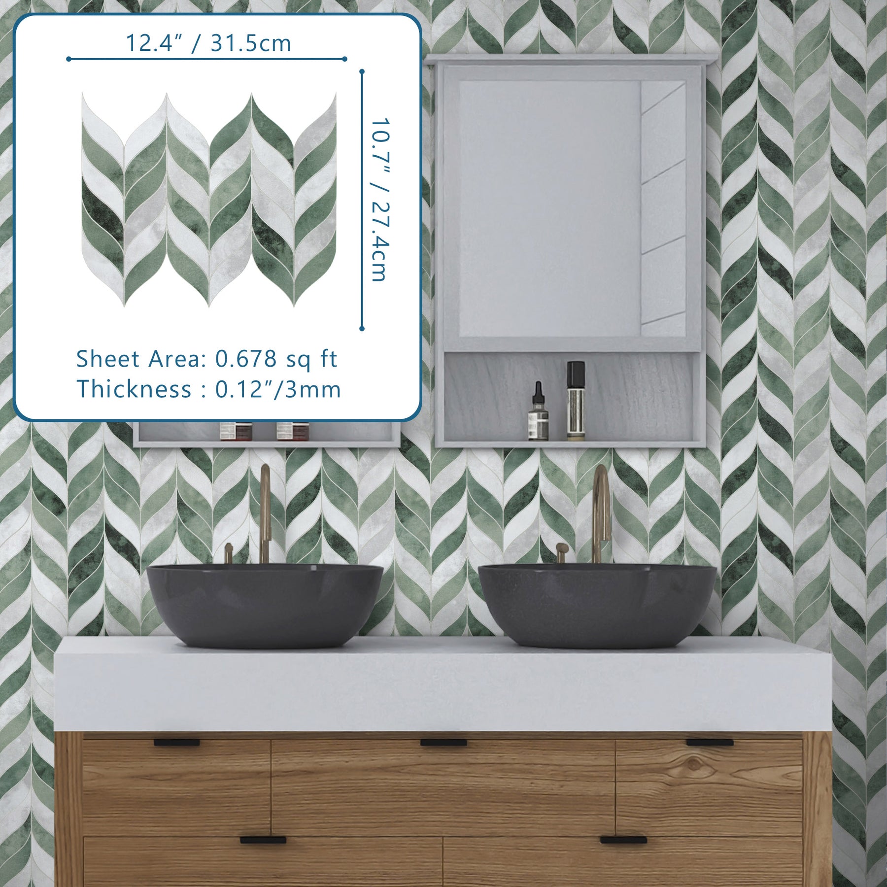 Waterjet Leaf Green Cement Peel and Stick Tile