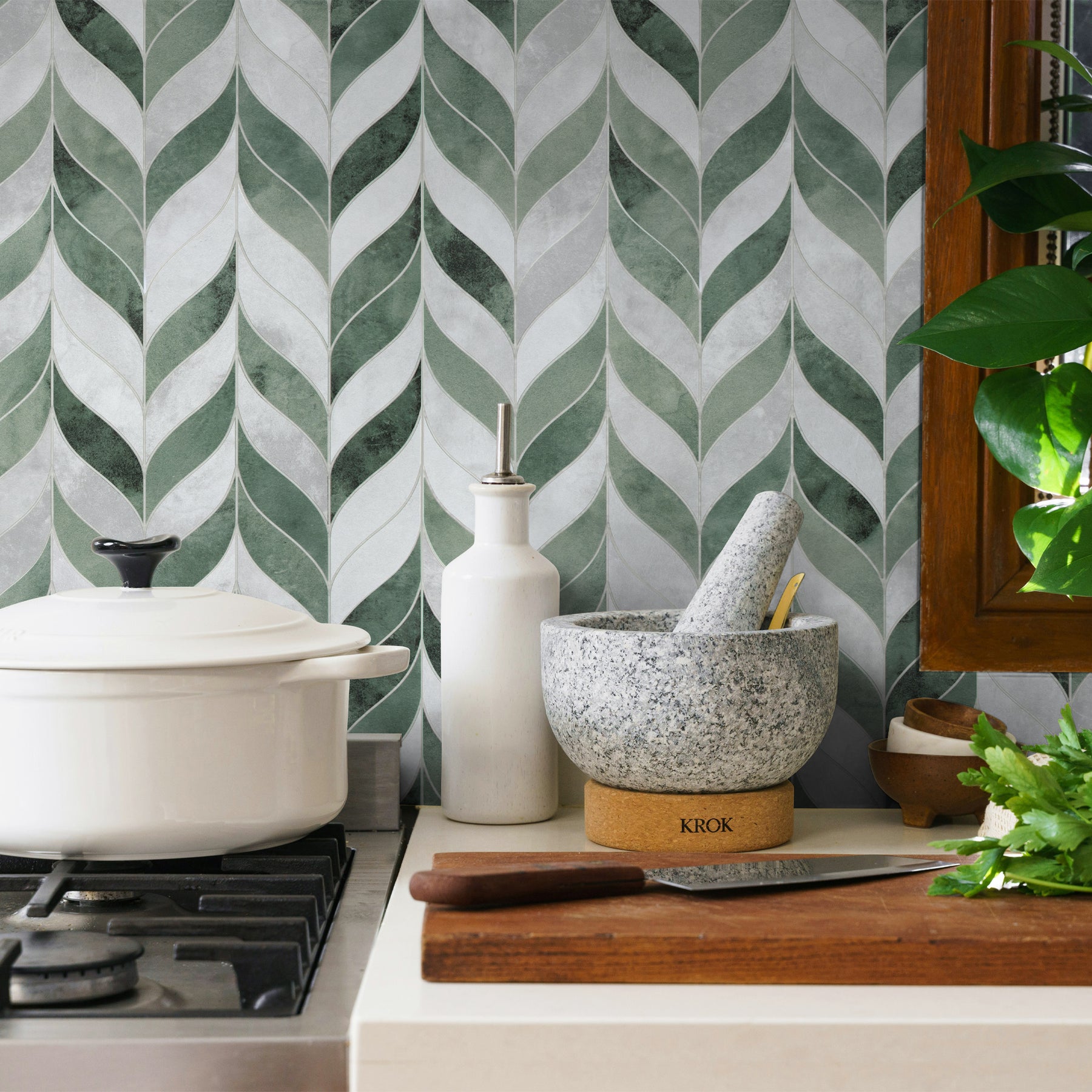 Waterjet Leaf Green Cement Peel and Stick Tile