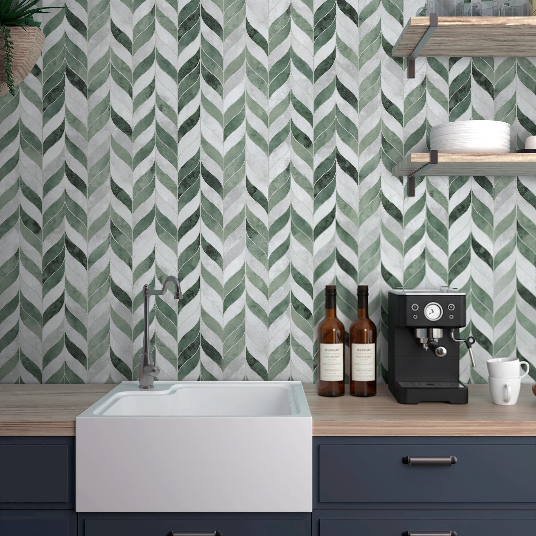 Waterjet Leaf Green Cement Peel and Stick Tile