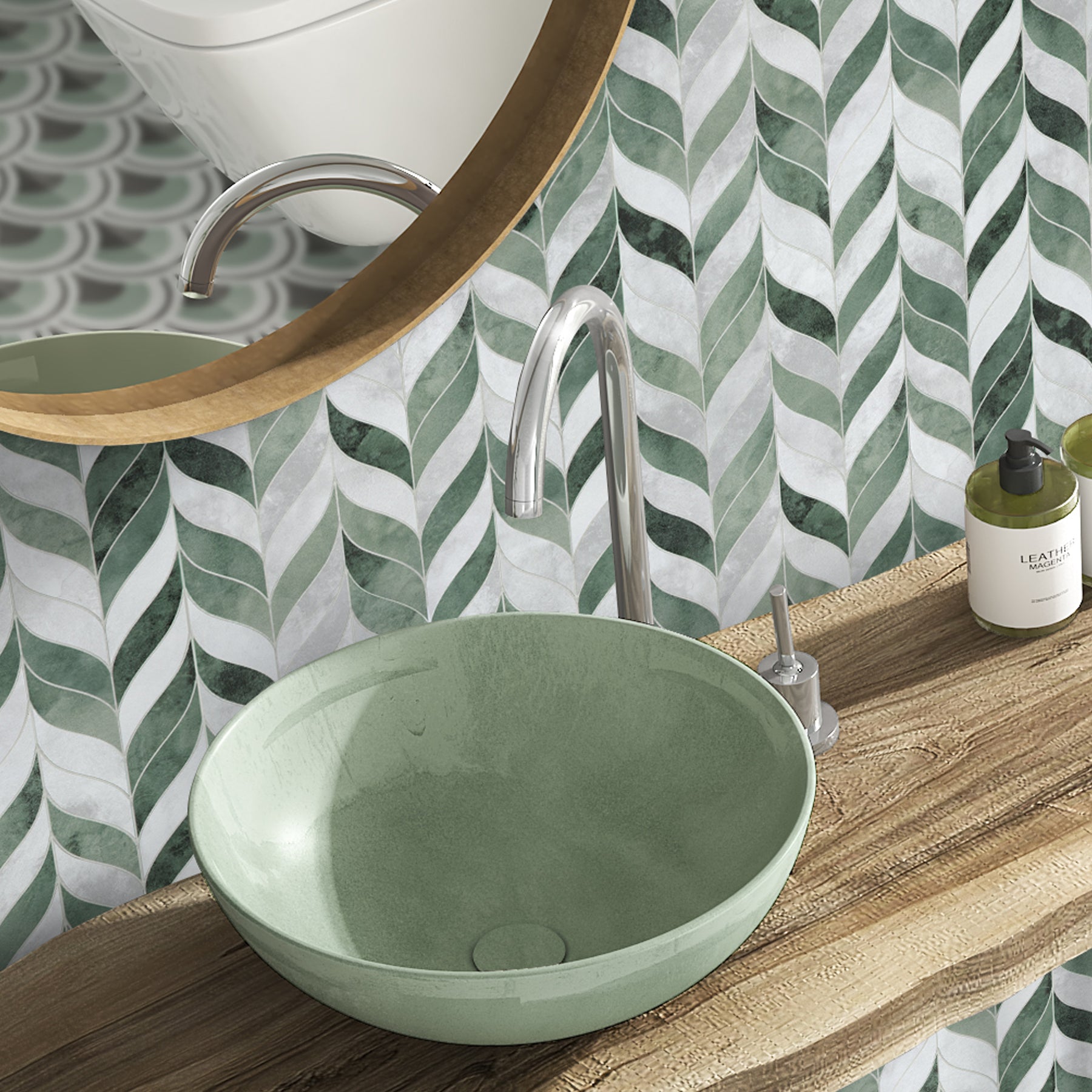 Waterjet Leaf Green Cement Peel and Stick Tile