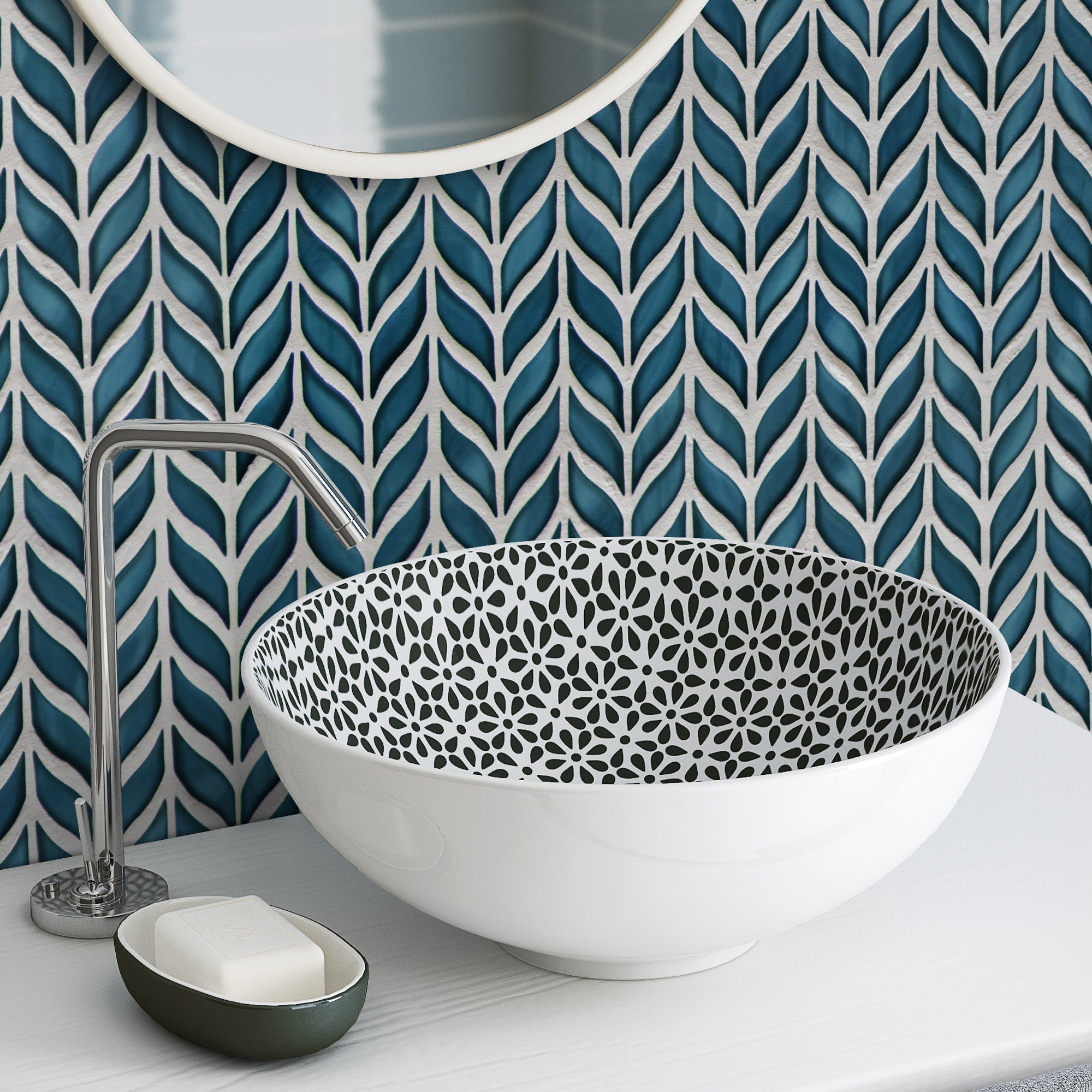 Leaf Glazed Blue Recycled Glass Floor and Wall Mosaic Tile