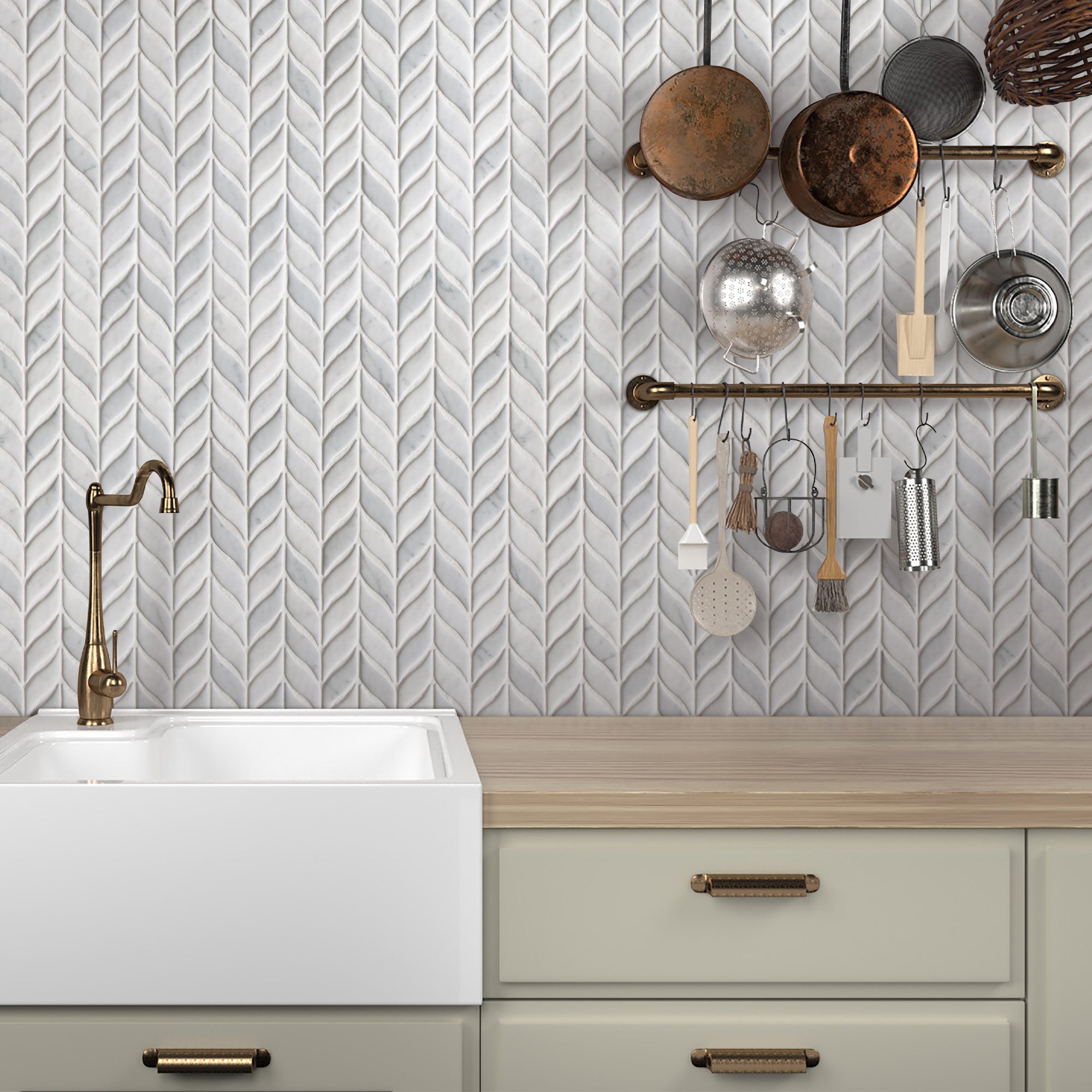 Leaf Carrara White Recycled Glass Floor and Wall Mosaic Tile