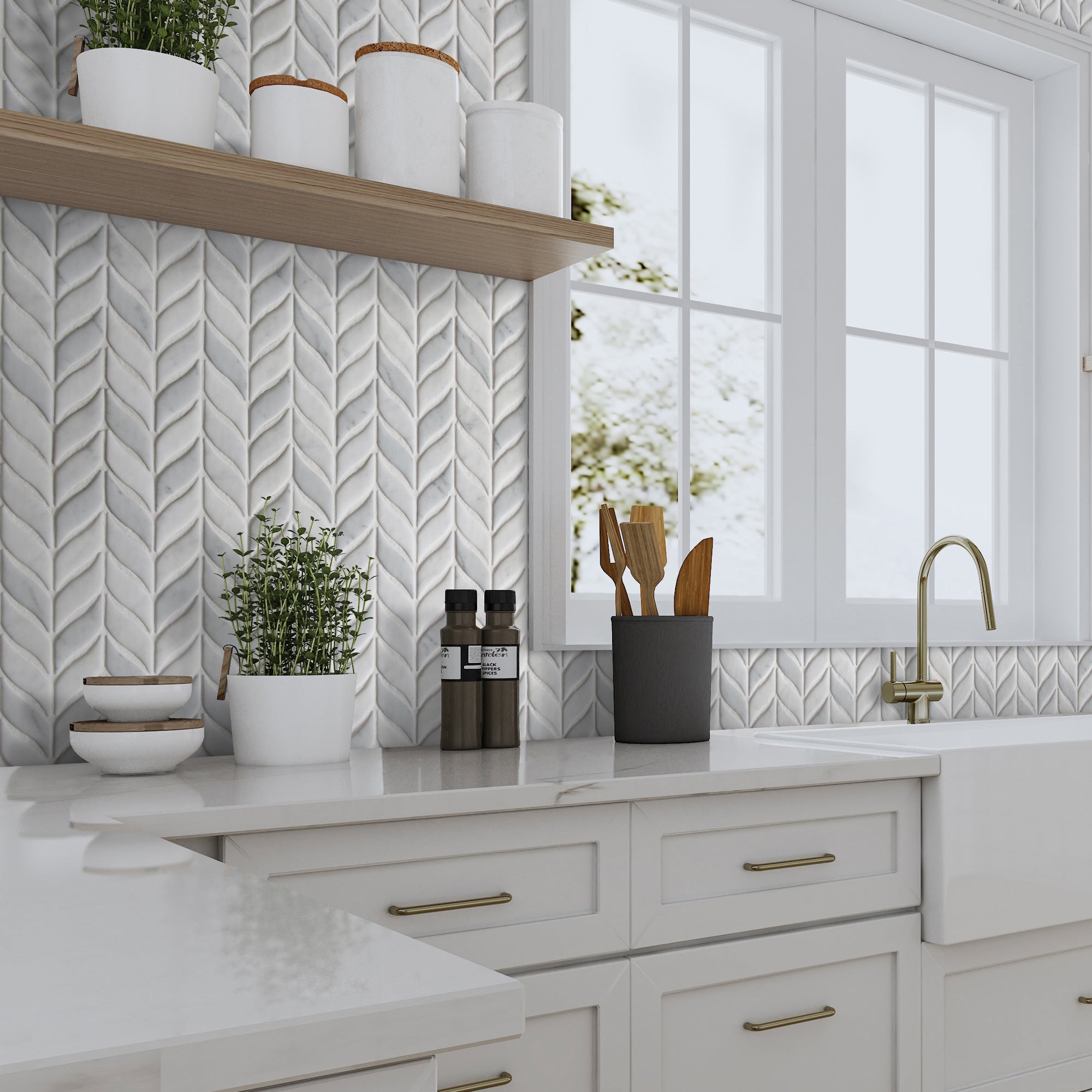 Leaf Carrara White Recycled Glass Floor and Wall Mosaic Tile