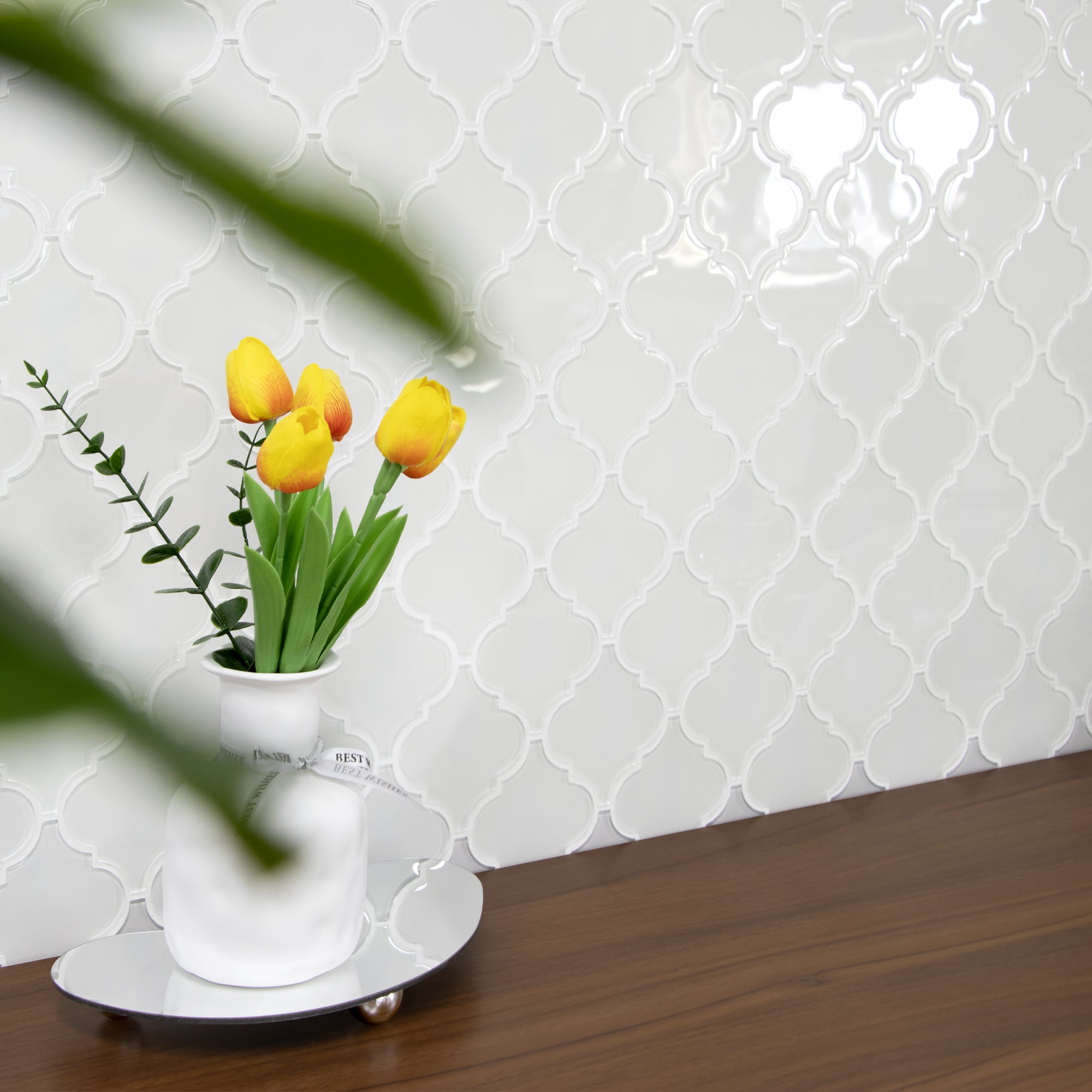 Arabesque Lantern Glossy White Glass Wall Mosaic Tile