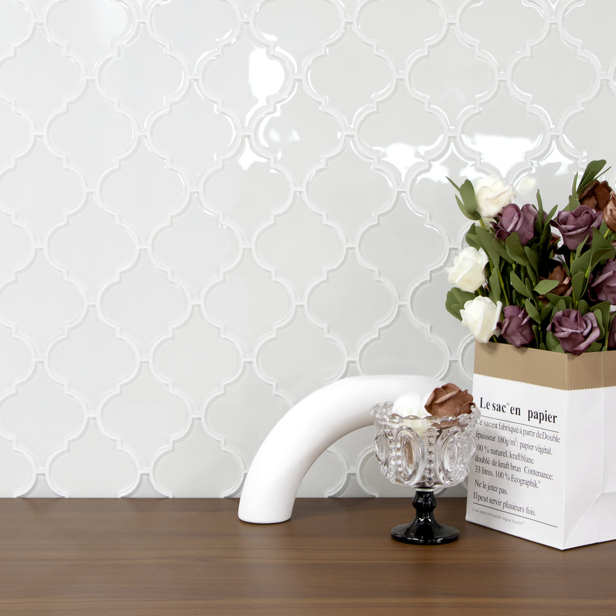 Arabesque Lantern White Glass Wall Mosaic Tile