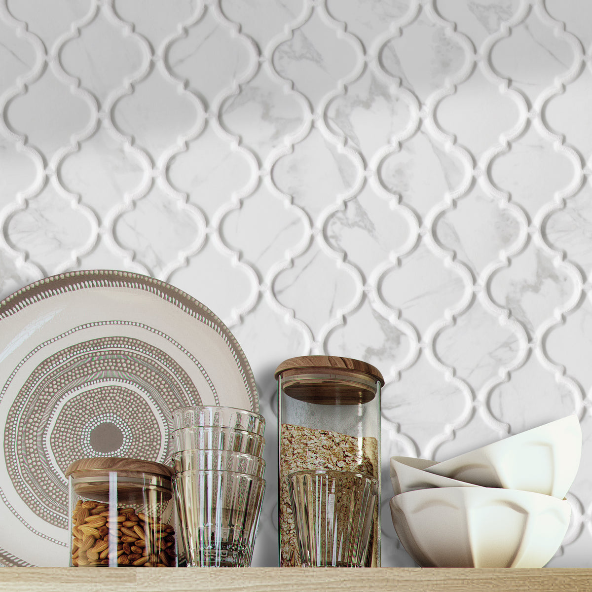 Carrara White Arabesque Recycled Glass Floor And Wall Mosaic Tile