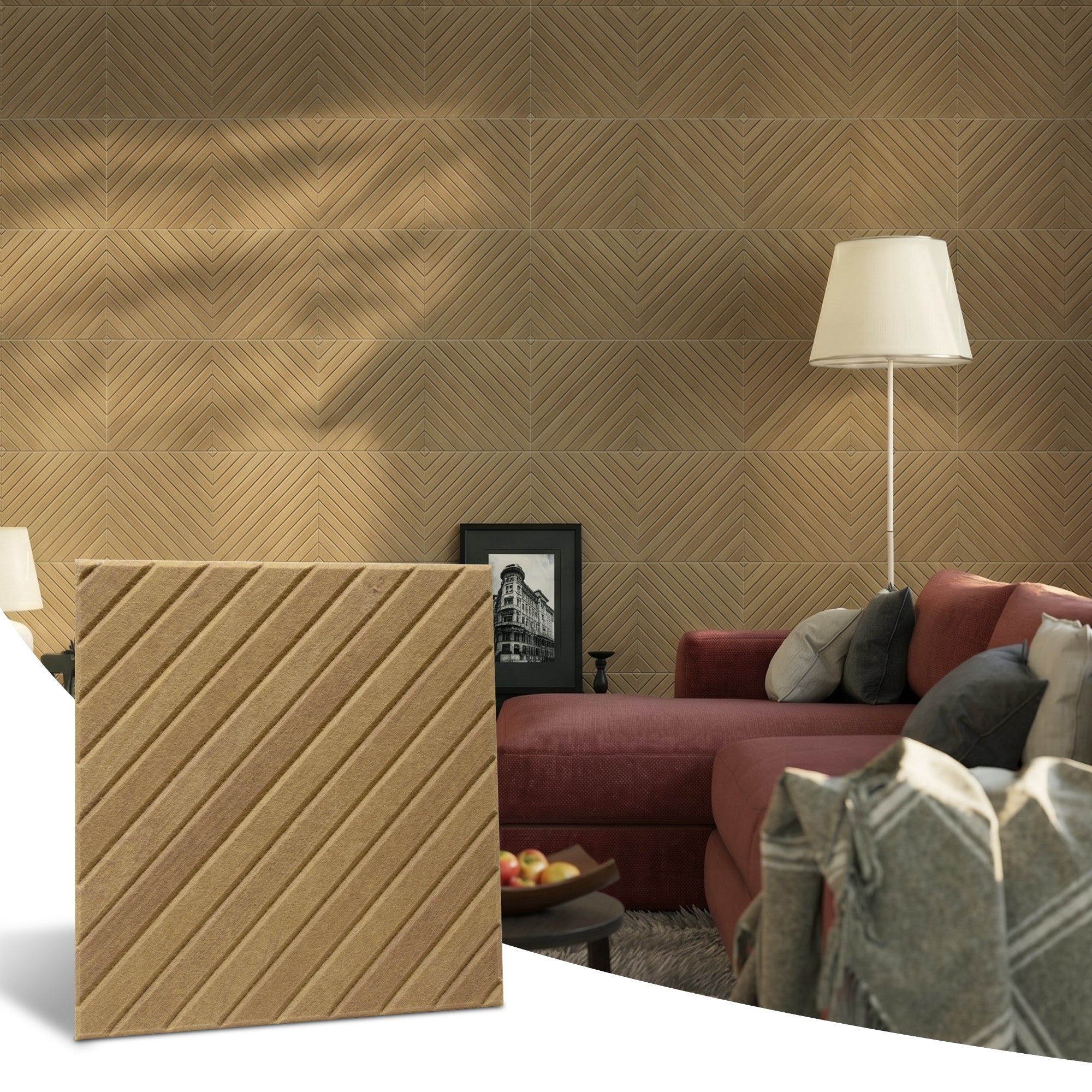Diagonal Slat Natural Oak PET Acoustic Felt Tile