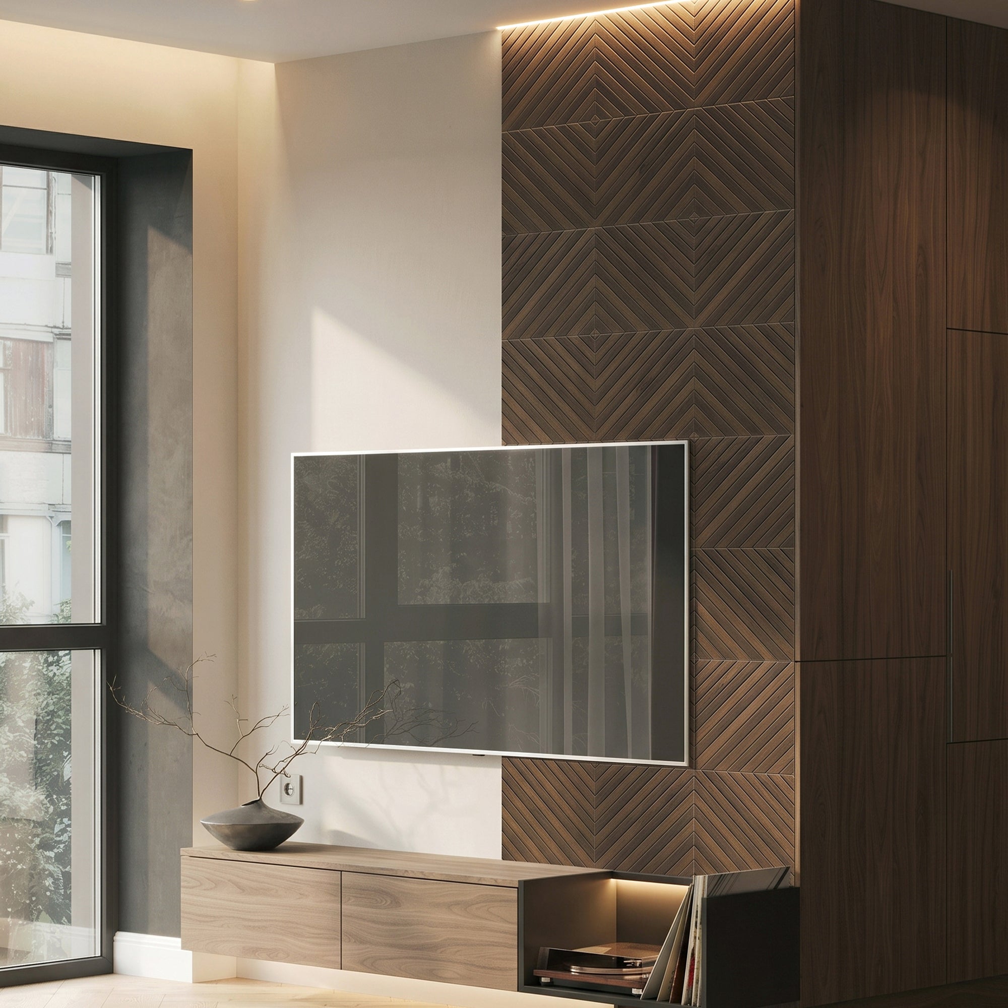 Diagonal Slat Walnut PET Acoustic Felt Tile