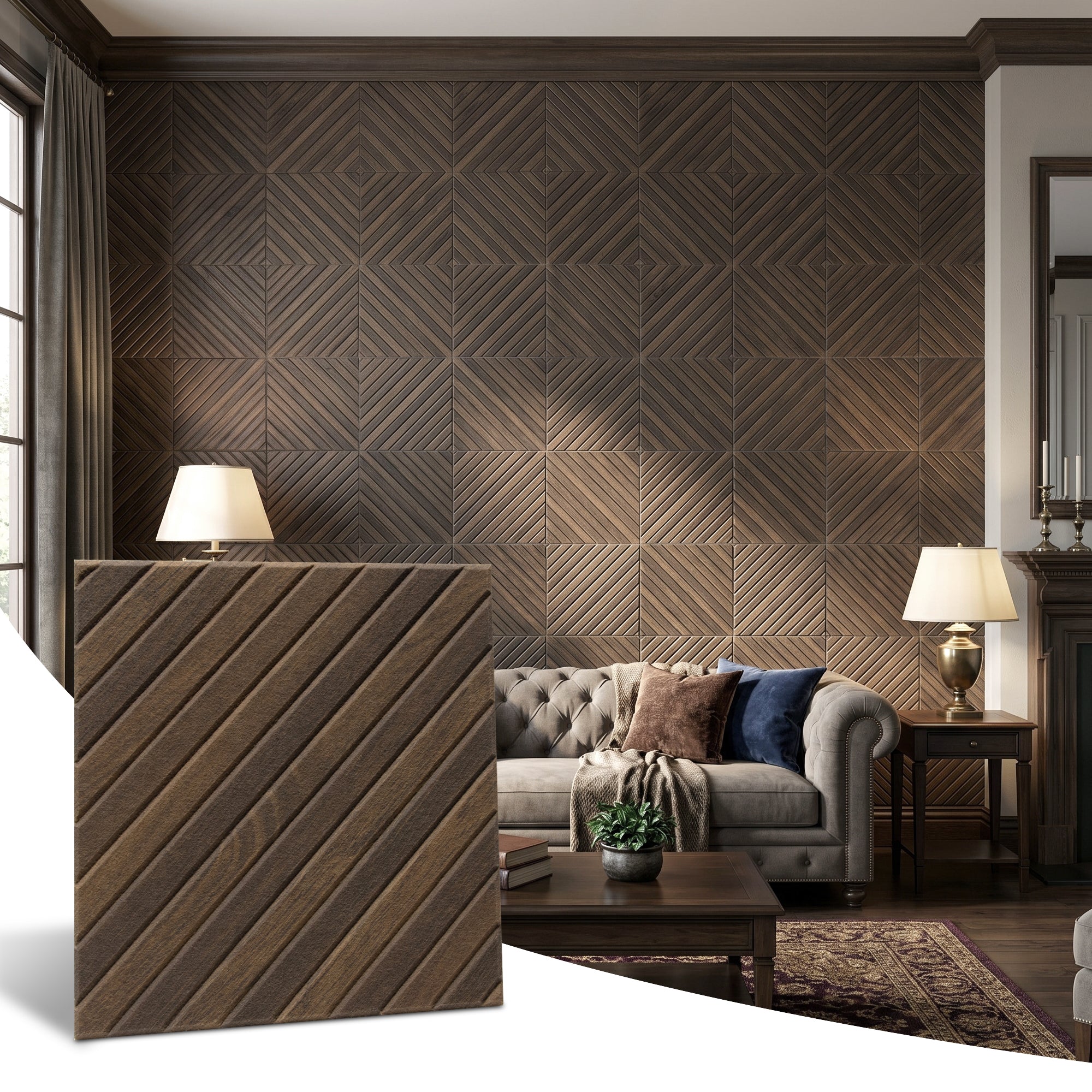 Diagonal Slat Walnut PET Acoustic Felt Tile