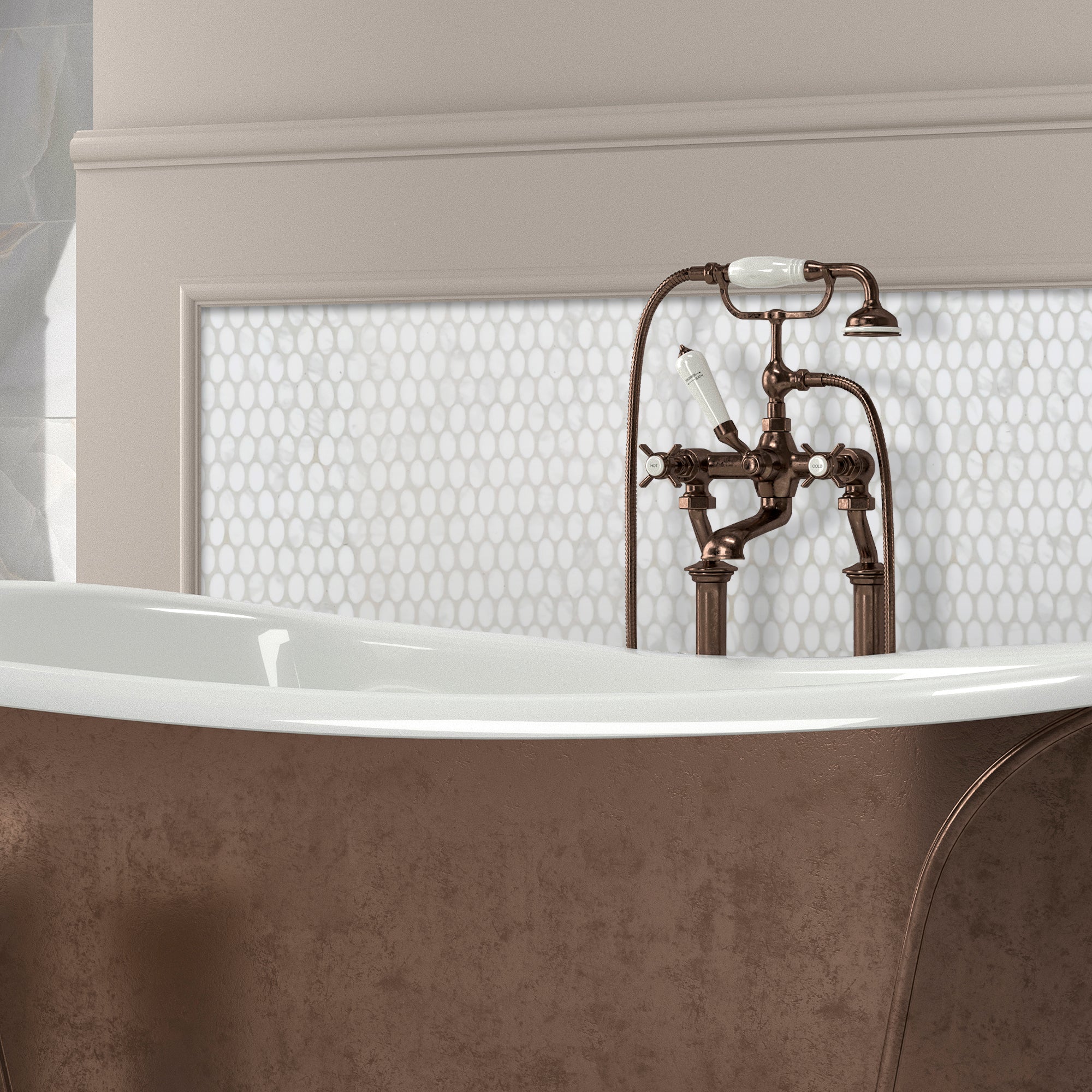 White Calacatta Oval Recycled Glass Floor and Wall Mosaic Tile