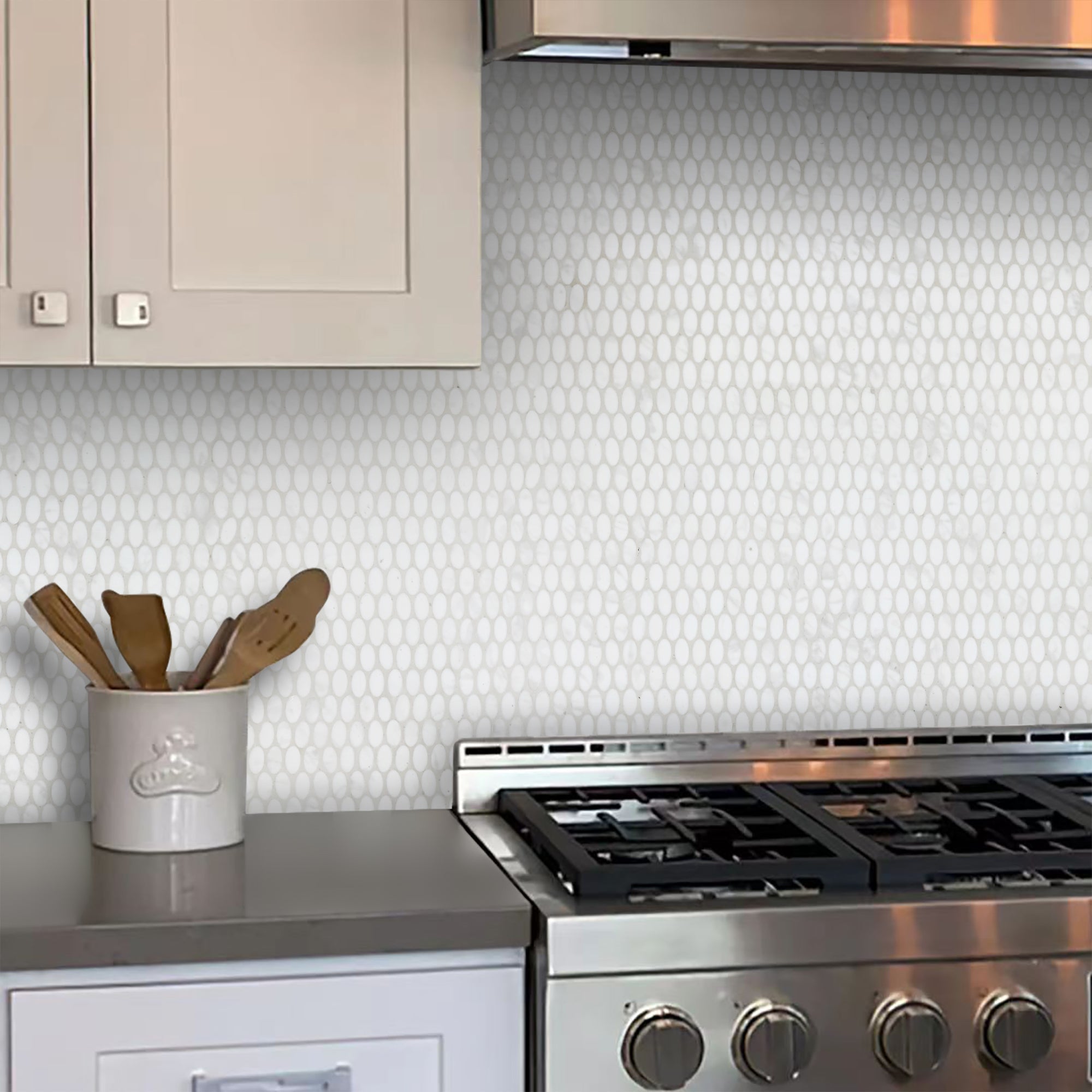 White Calacatta Oval Recycled Glass Floor and Wall Mosaic Tile