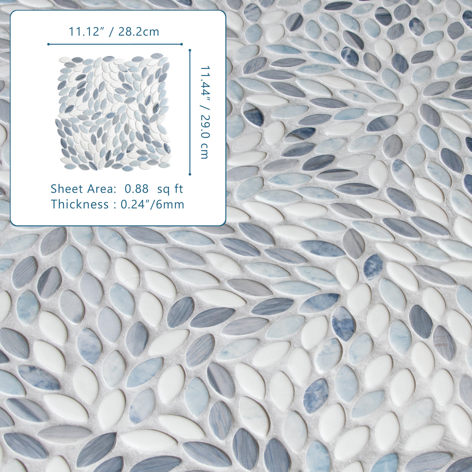 Flower Blue Recycled Glass Floor and Wall Mosaic Tile