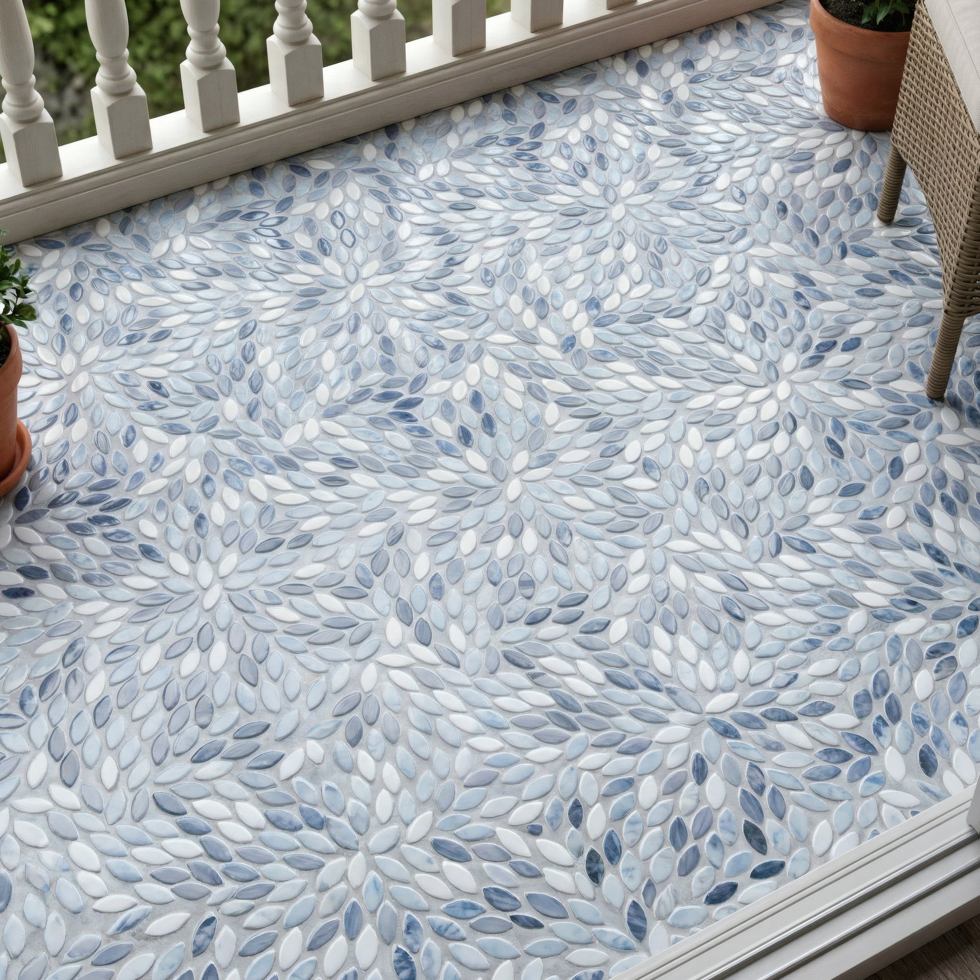 Flower Blue Recycled Glass Floor and Wall Mosaic Tile