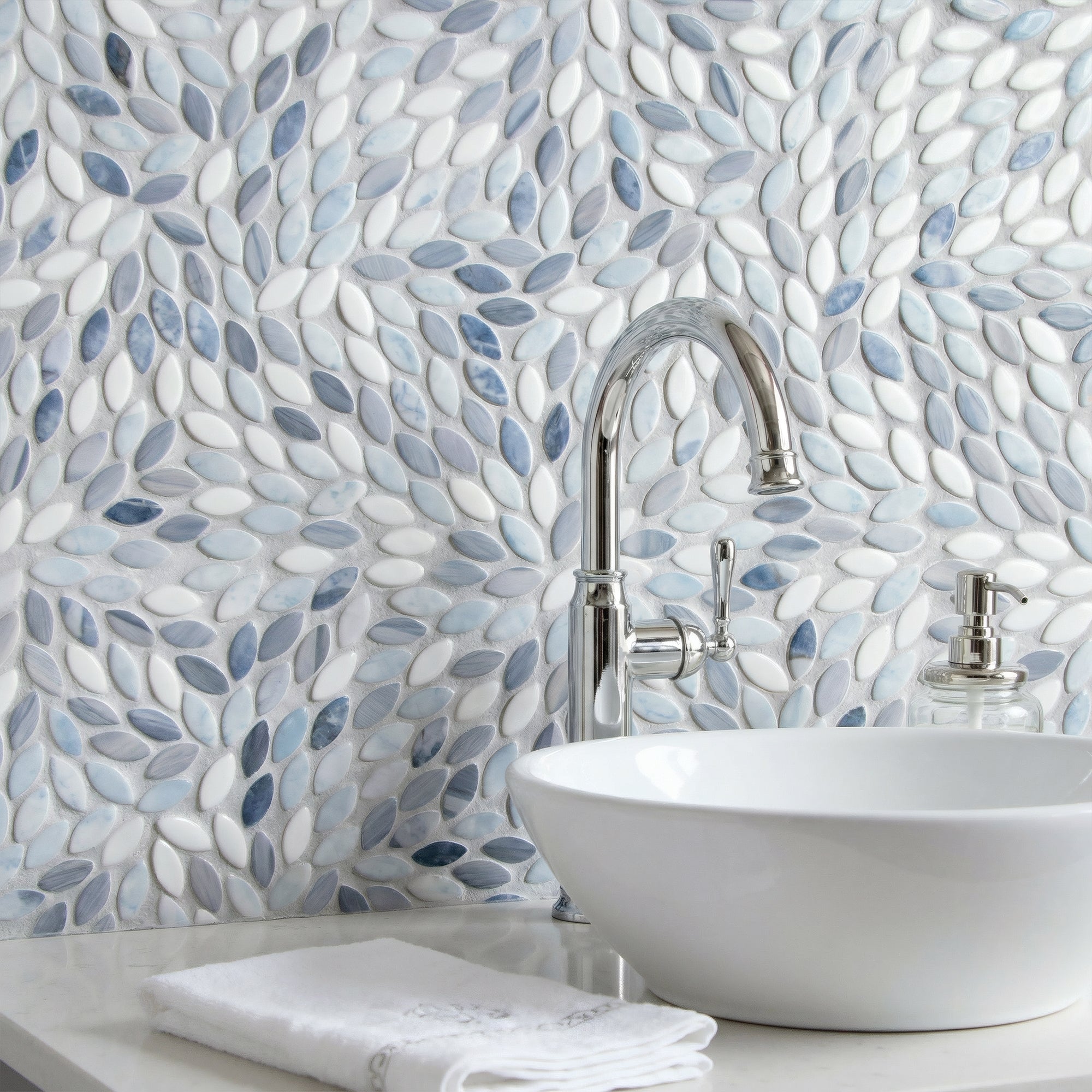 Flower Blue Recycled Glass Floor and Wall Mosaic Tile