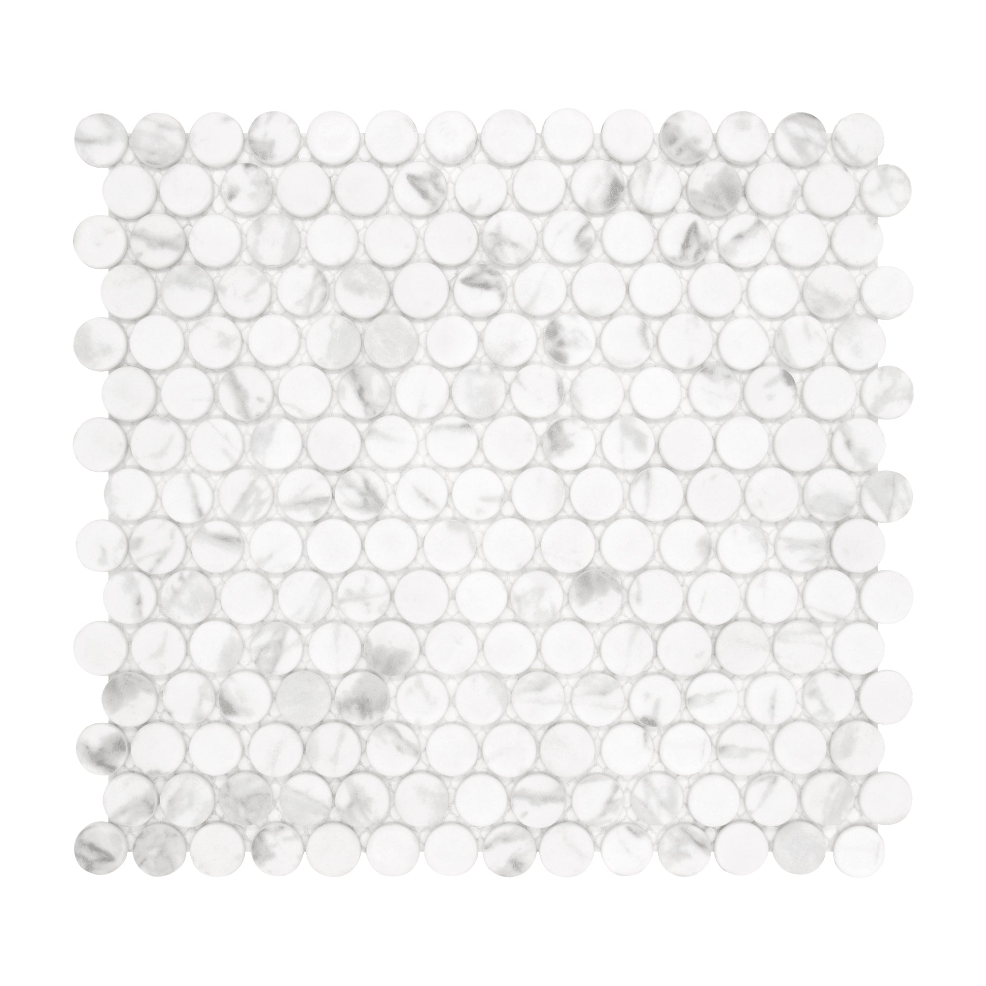 Penny Round Carrara White Recycled Glass Floor and Wall Mosaic Tile