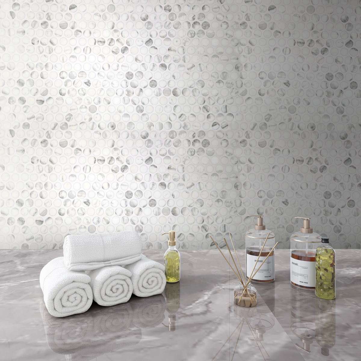Penny Round Carrara White Recycled Glass Floor And Wall Mosaic Tile