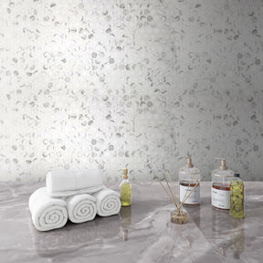 Penny Round Carrara White Recycled Glass Floor And Wall Mosaic Tile