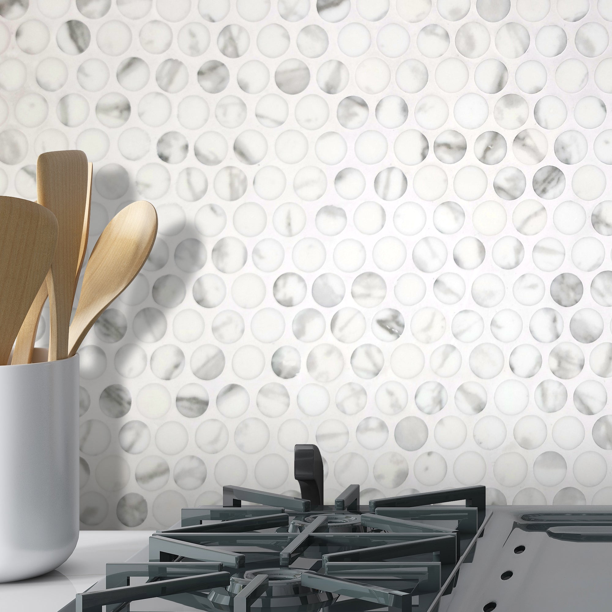 Penny Round Carrara White Recycled Glass Floor and Wall Mosaic Tile